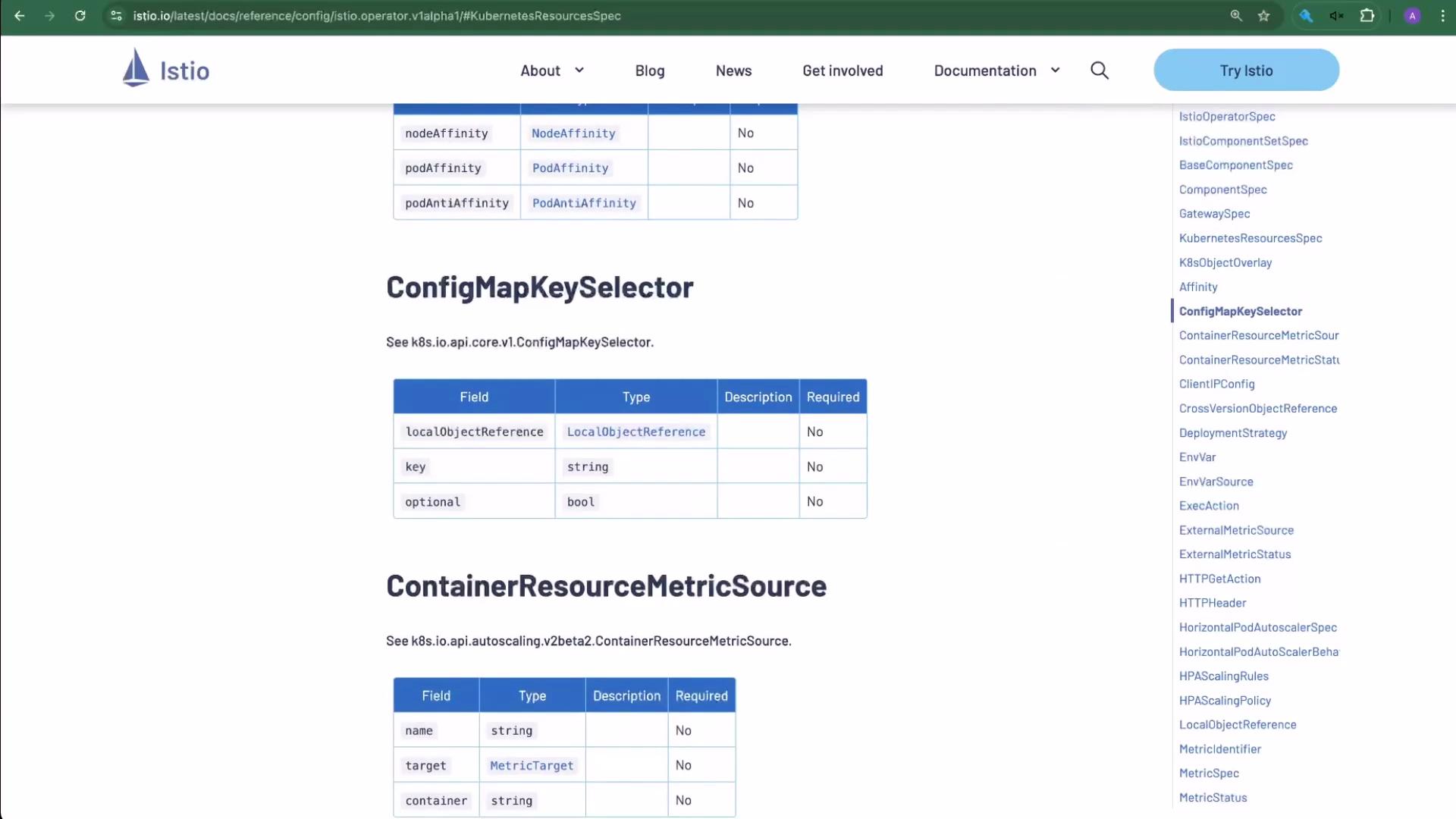 The image shows a webpage from the Istio documentation, featuring sections on "ConfigMapKeySelector" and "ContainerResourceMetricSource" with corresponding tables detailing fields, types, and requirements. The page also includes a navigation menu on the right.