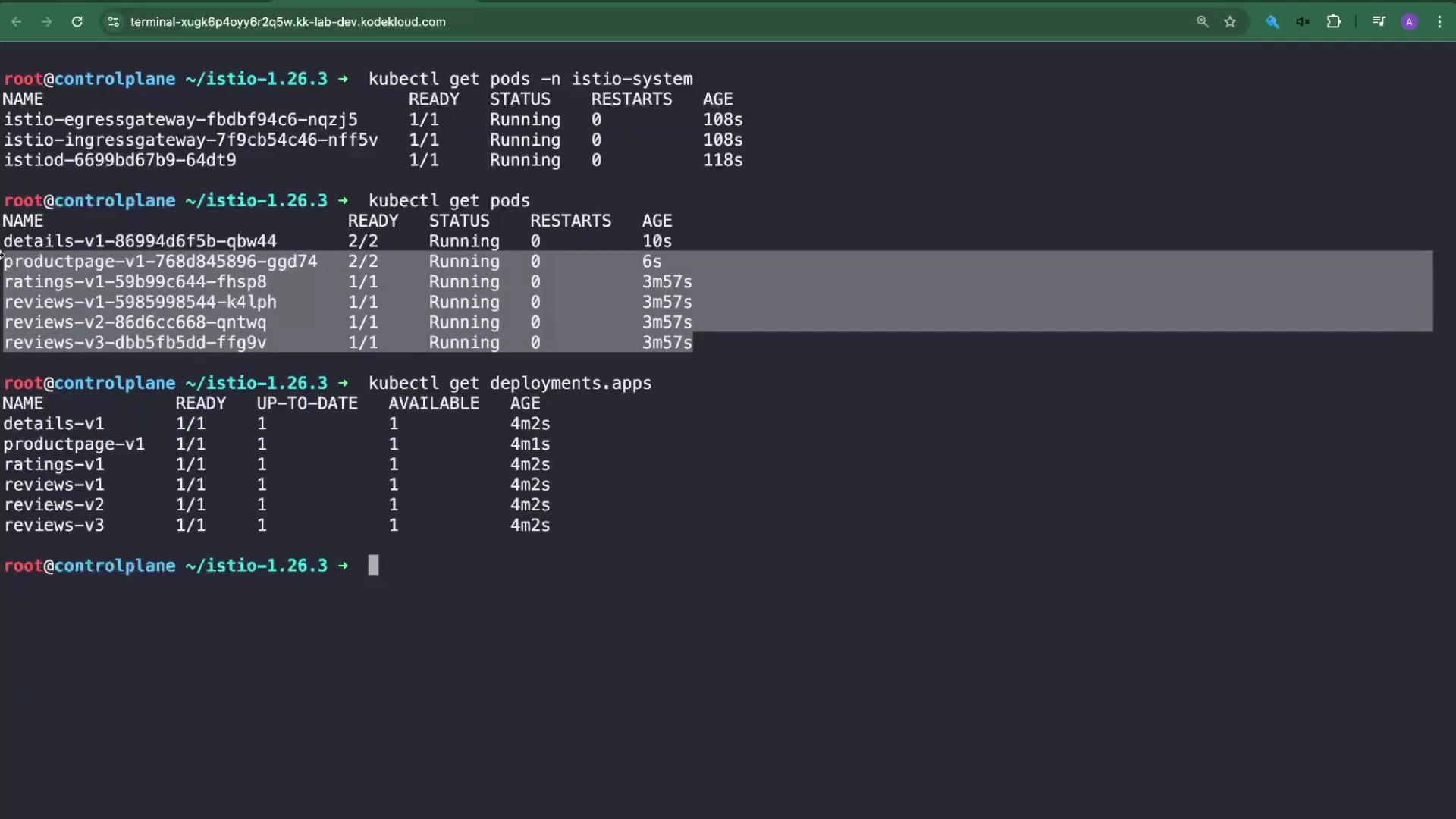 The image shows a terminal displaying the status of Kubernetes pods and deployments, with commands such as kubectl get pods and kubectl get deployments.apps being executed.