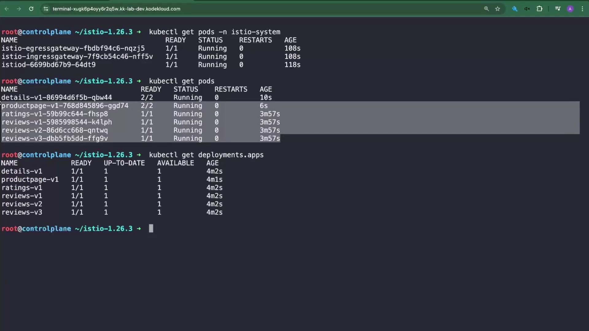 The image shows a terminal displaying the status of Kubernetes pods and deployments, with commands such as kubectl get pods and kubectl get deployments.apps being executed.