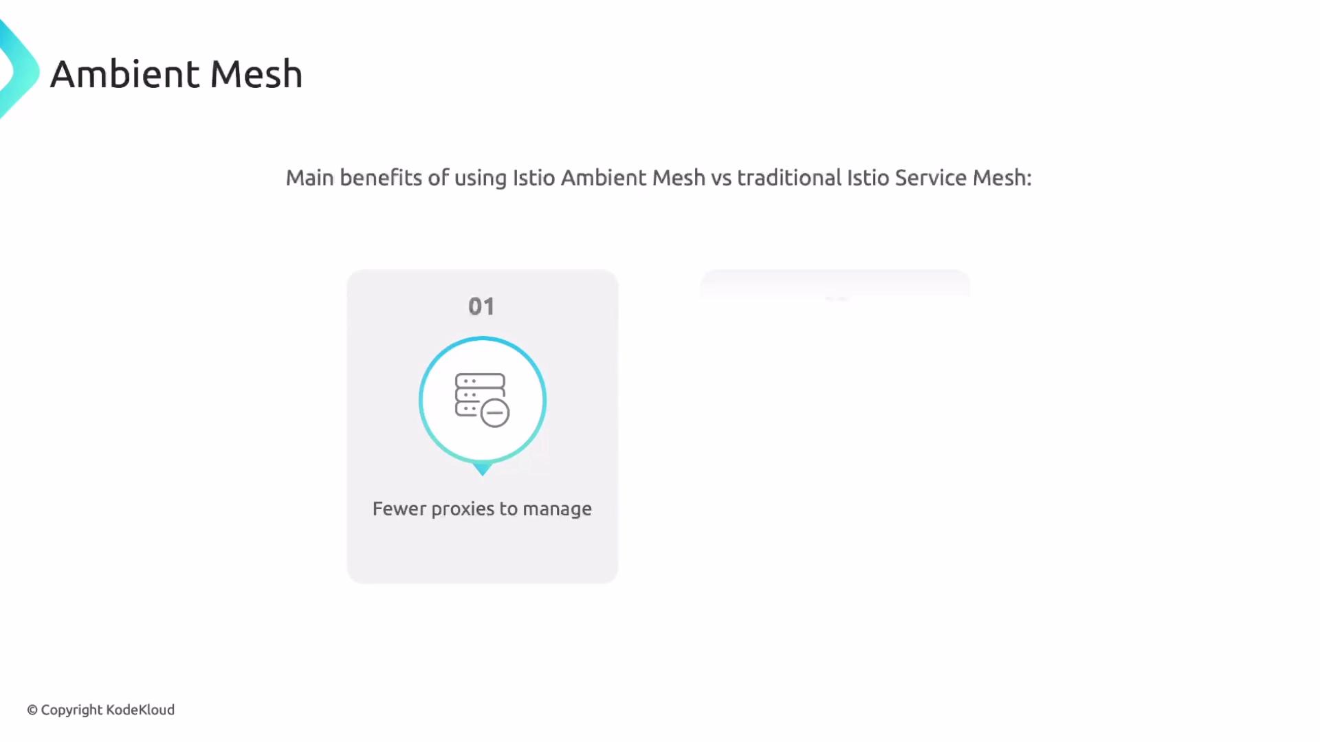 The image highlights a benefit of using Istio Ambient Mesh over traditional Istio Service Mesh, emphasizing fewer proxies to manage, accompanied by a small graphic.