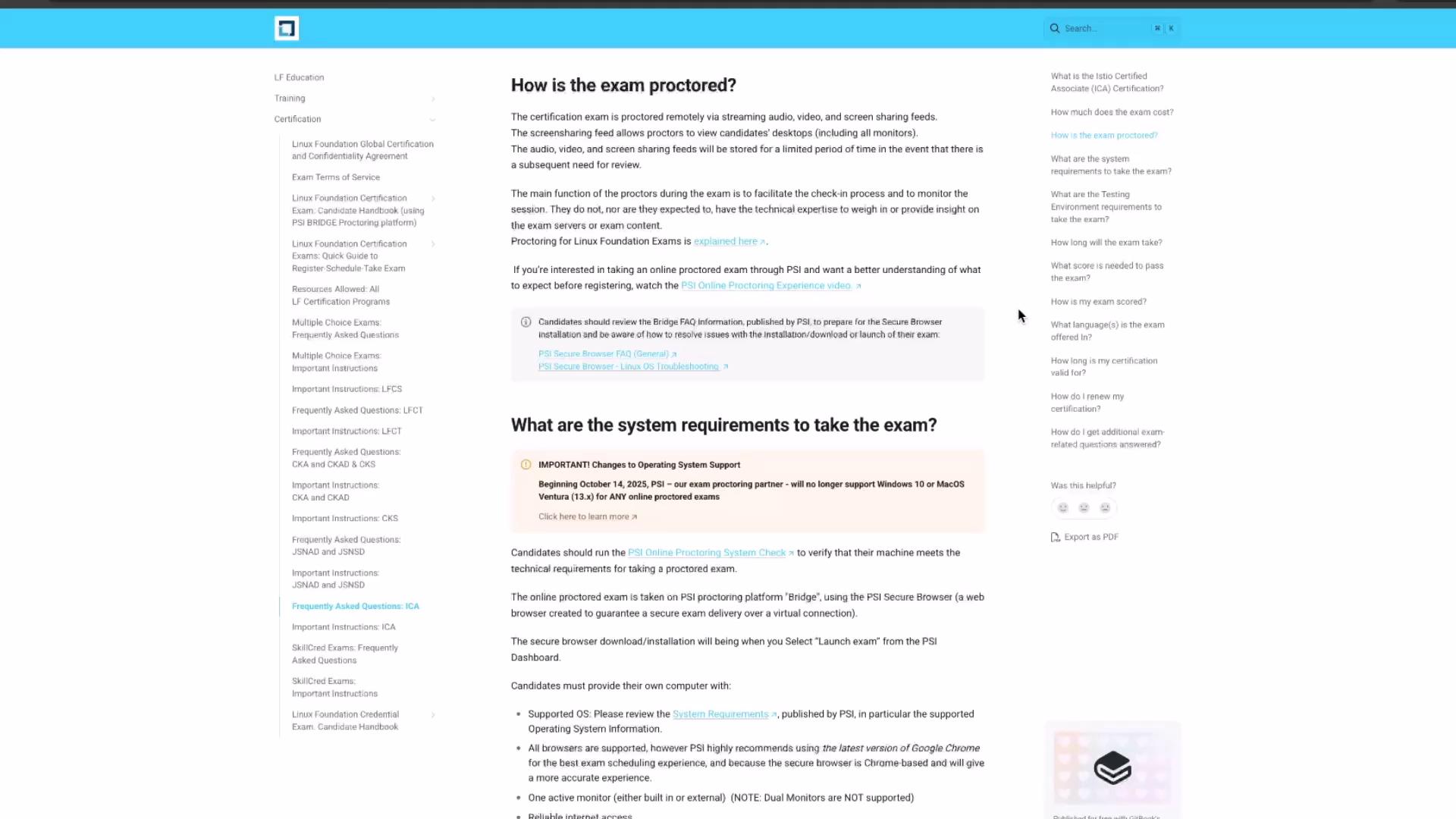 The image shows a webpage detailing information about how exams are proctored and the system requirements for taking an exam, including notes on remote proctoring through video, audio, and screen sharing.