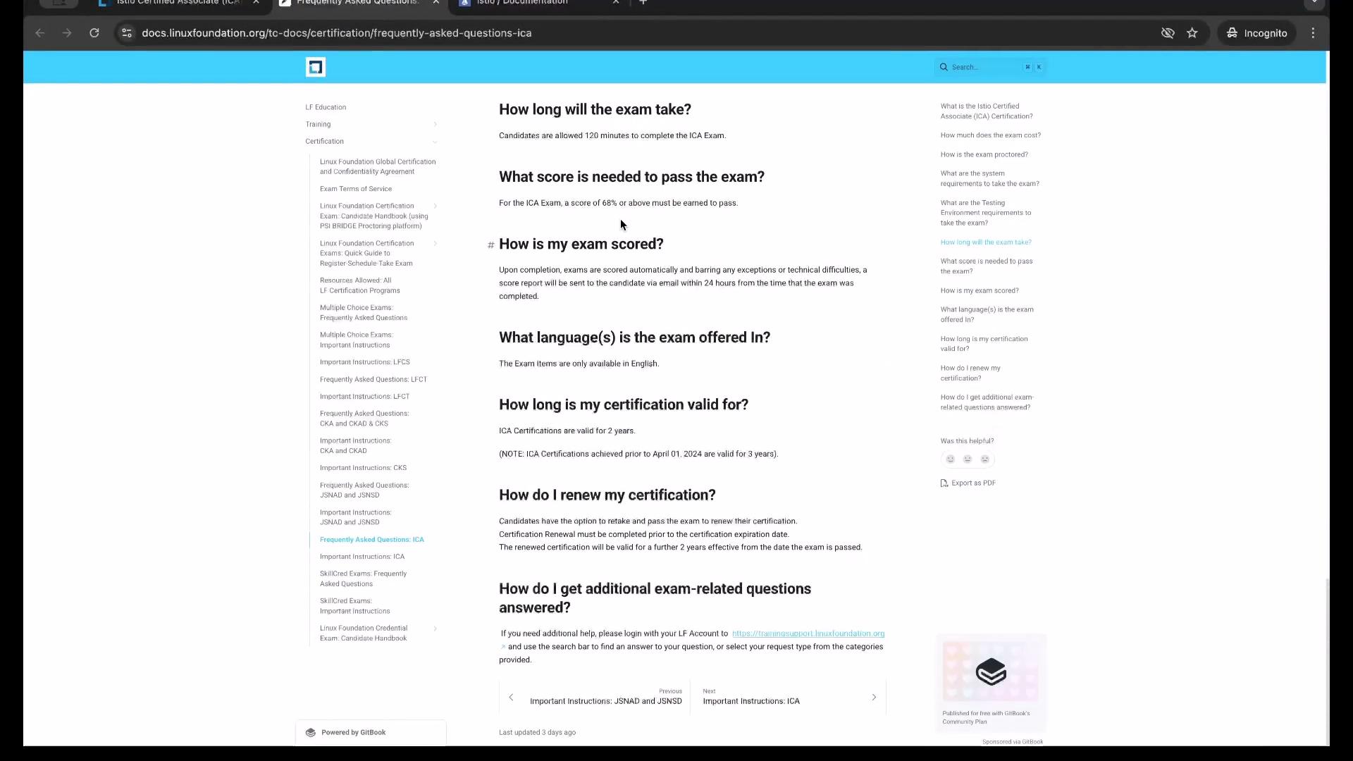 The image shows a webpage displaying frequently asked questions about the Istio Certified Associate (ICA) exam, including details on exam duration, passing score, language, validity, and renewal process.