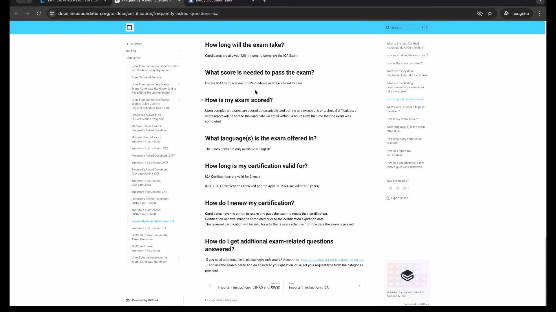 The image shows a webpage displaying frequently asked questions about the Istio Certified Associate (ICA) exam, including details on exam duration, passing score, language, validity, and renewal process.