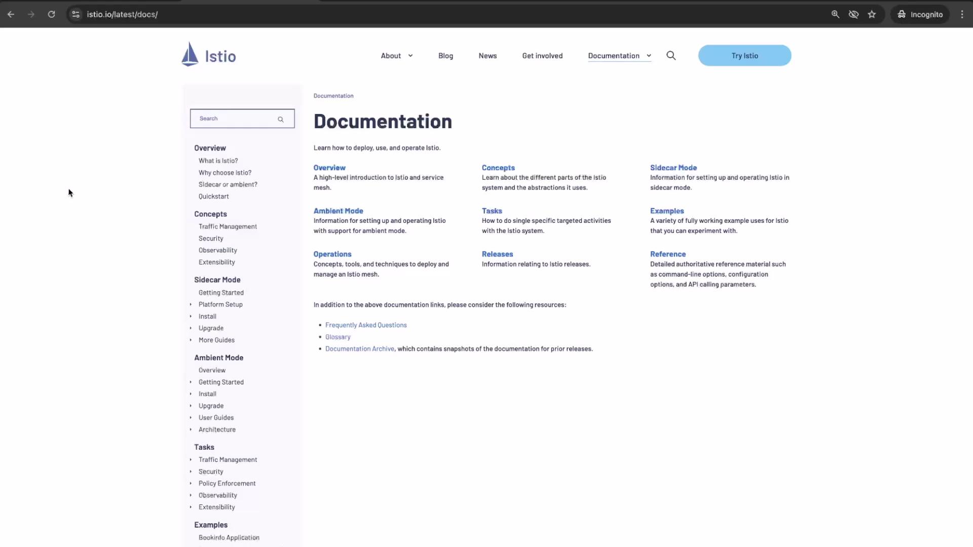 The image shows a webpage from Istio's documentation site with navigation links on the left and various documentation categories and resources displayed on the right.