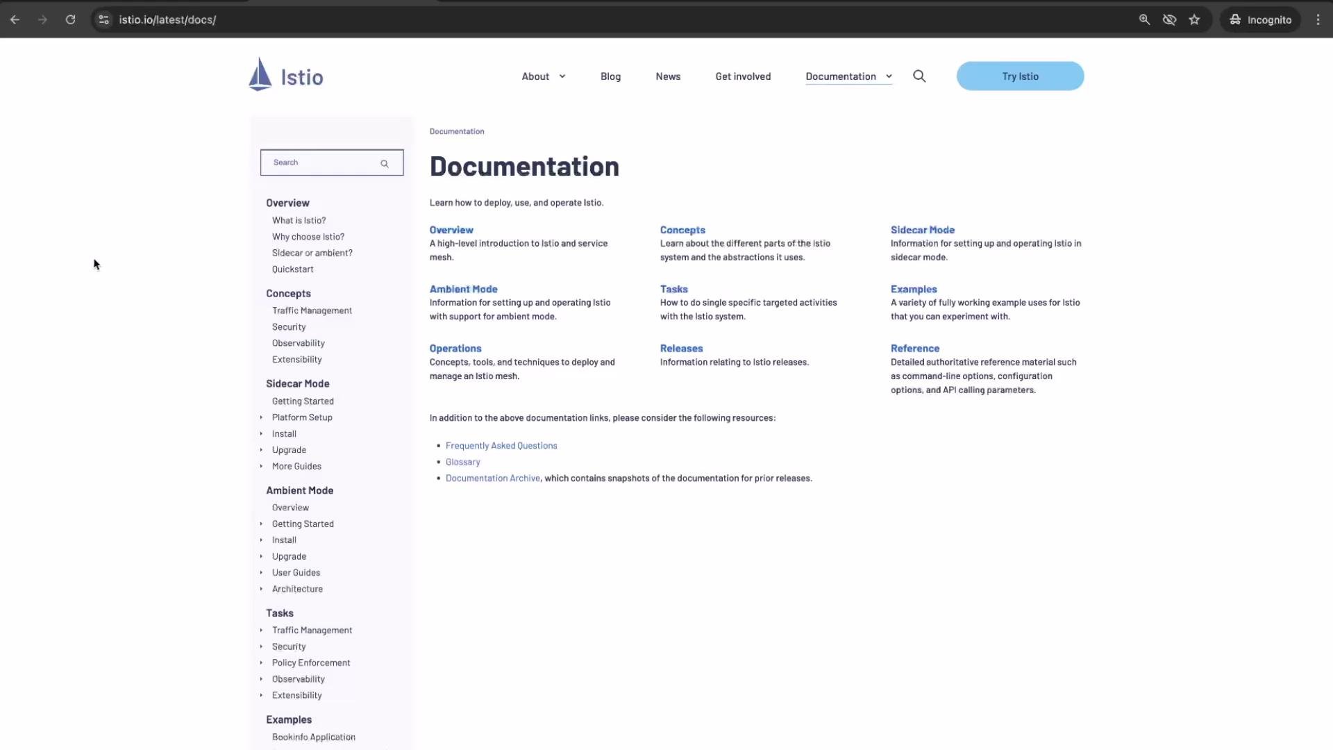 The image shows a webpage from Istio's documentation site with navigation links on the left and various documentation categories and resources displayed on the right.