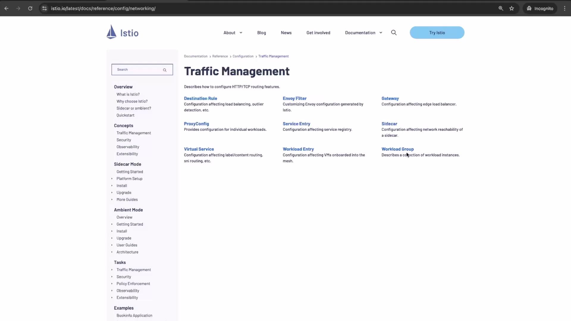The image shows a webpage from Istio's documentation site focused on "Traffic Management," listing various configuration options like Destination Rule, ProxyConfig, and Virtual Service.