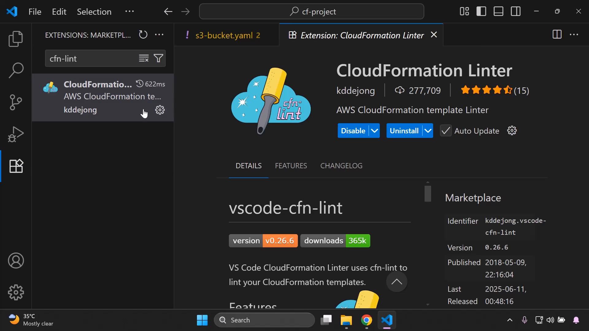 A Visual Studio Code extensions pane showing the "CloudFormation Linter" (vscode-cfn-lint) extension selected. The panel displays the extension icon, author, ratings, version/download badges, and Disable/Uninstall buttons.