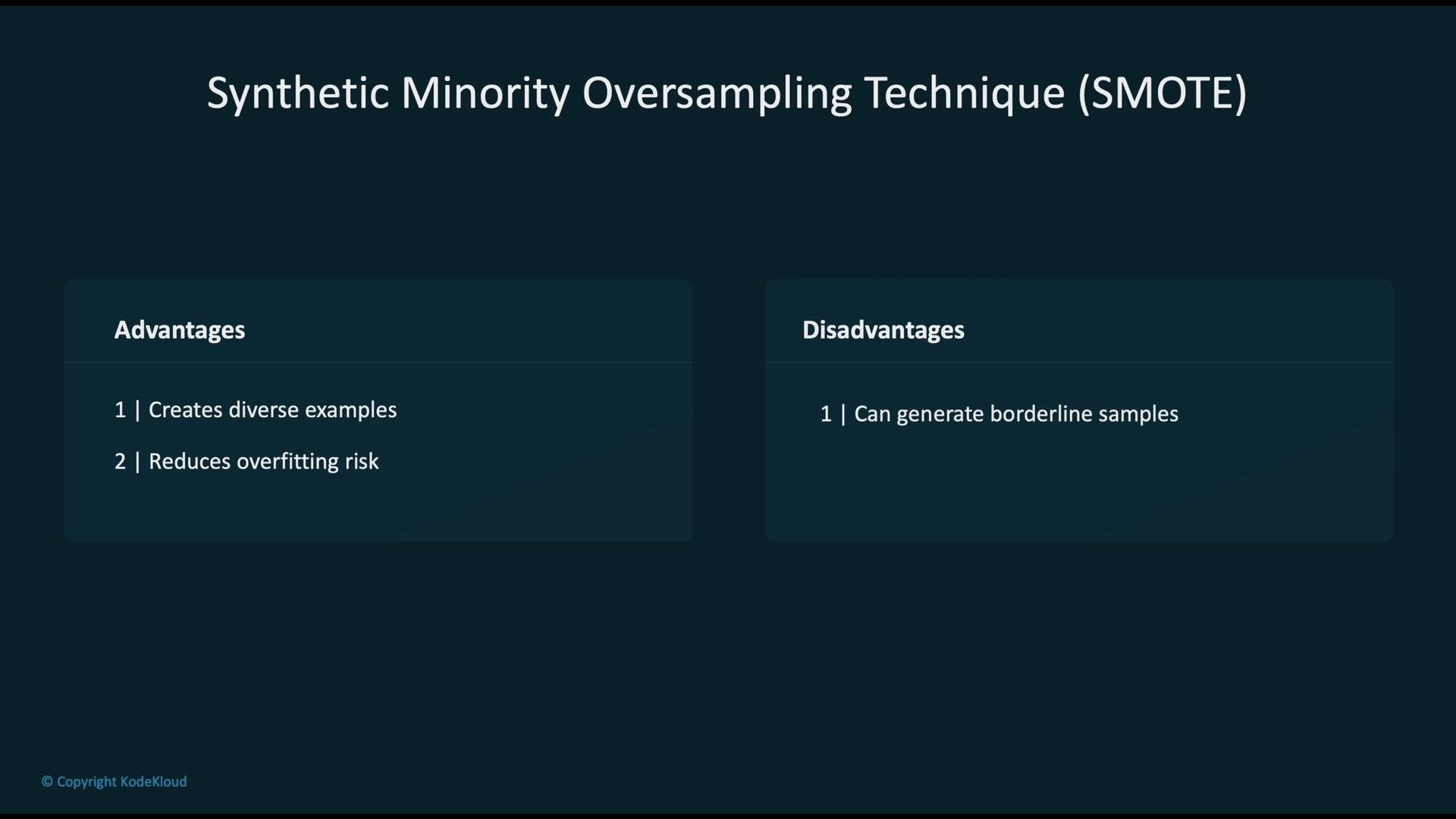 The image outlines the advantages and disadvantages of the Synthetic Minority Oversampling Technique (SMOTE), highlighting that it creates diverse examples and reduces overfitting risk, but may generate borderline samples.