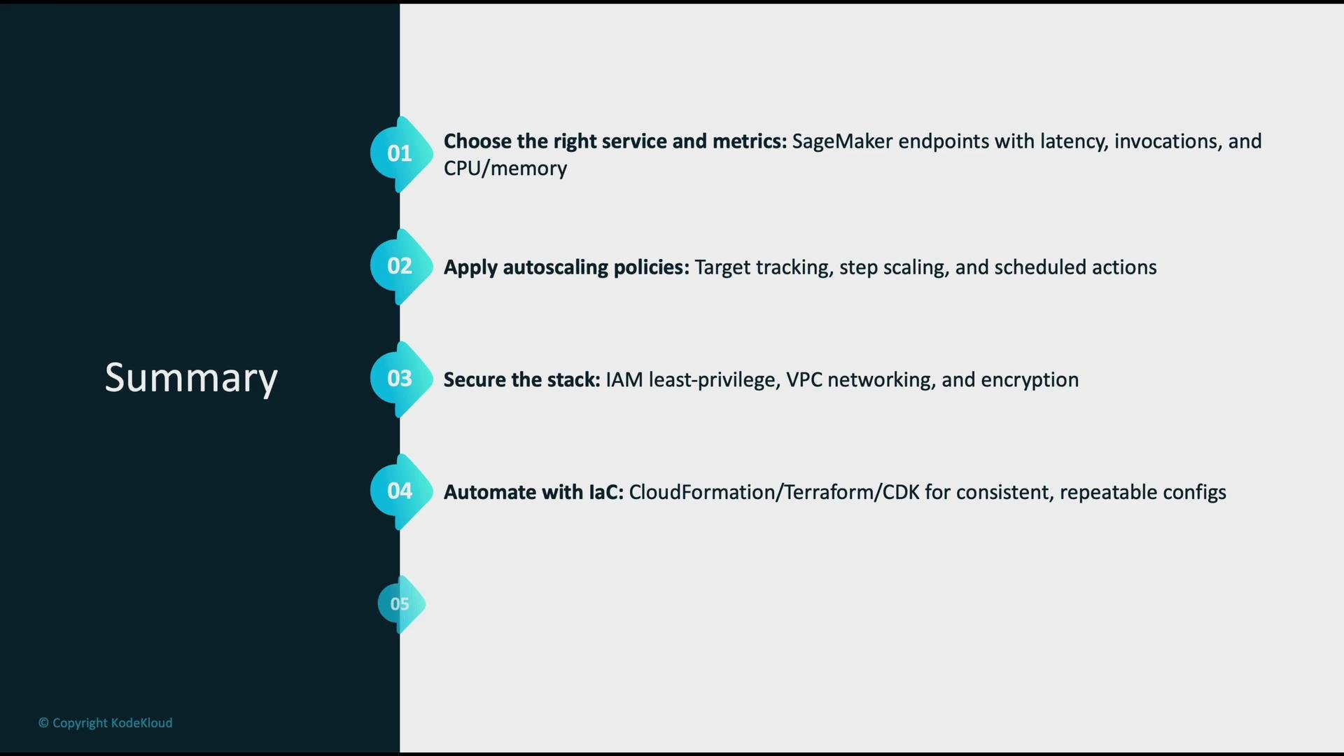 The image is a summary slide listing key points about service and metrics selection, autoscaling policies, stack security, and infrastructure automation using tools like CloudFormation and Terraform.