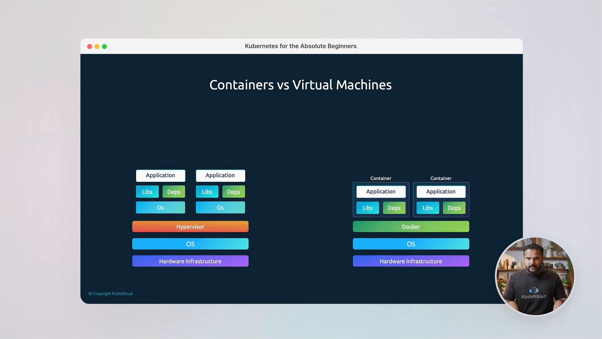 A presentation slide titled "Containers vs Virtual Machines" showing side-by-side diagrams comparing VM stacks (hypervisor + guest OS + apps) with container stacks (Docker + shared OS + containers) and a small video of a presenter in the bottom-right.