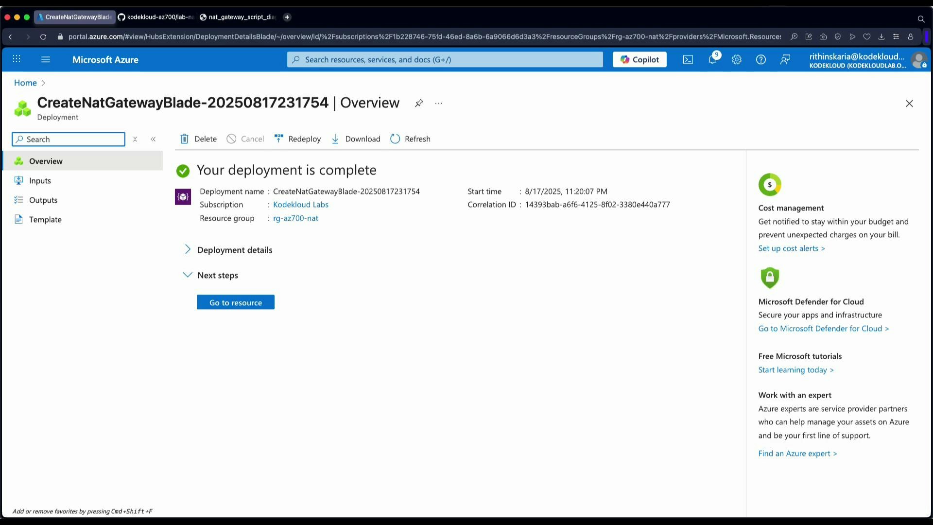 A Microsoft Azure portal deployment overview screen showing that a NAT gateway deployment ("CreateNatGatewayBlade-20250817231754") is complete, with deployment details, subscription and resource group info, and a "Go to resource" button.