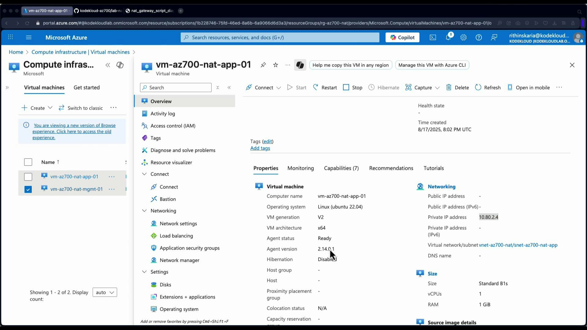 A screenshot of the Microsoft Azure portal showing the Overview page for a virtual machine named "vm-az700-nat-app-01," with properties like operating system (Linux Ubuntu 22.04), private IP (10.80.2.4), and size (Standard B1s). The left pane shows the virtual machines list and navigation/menu options.