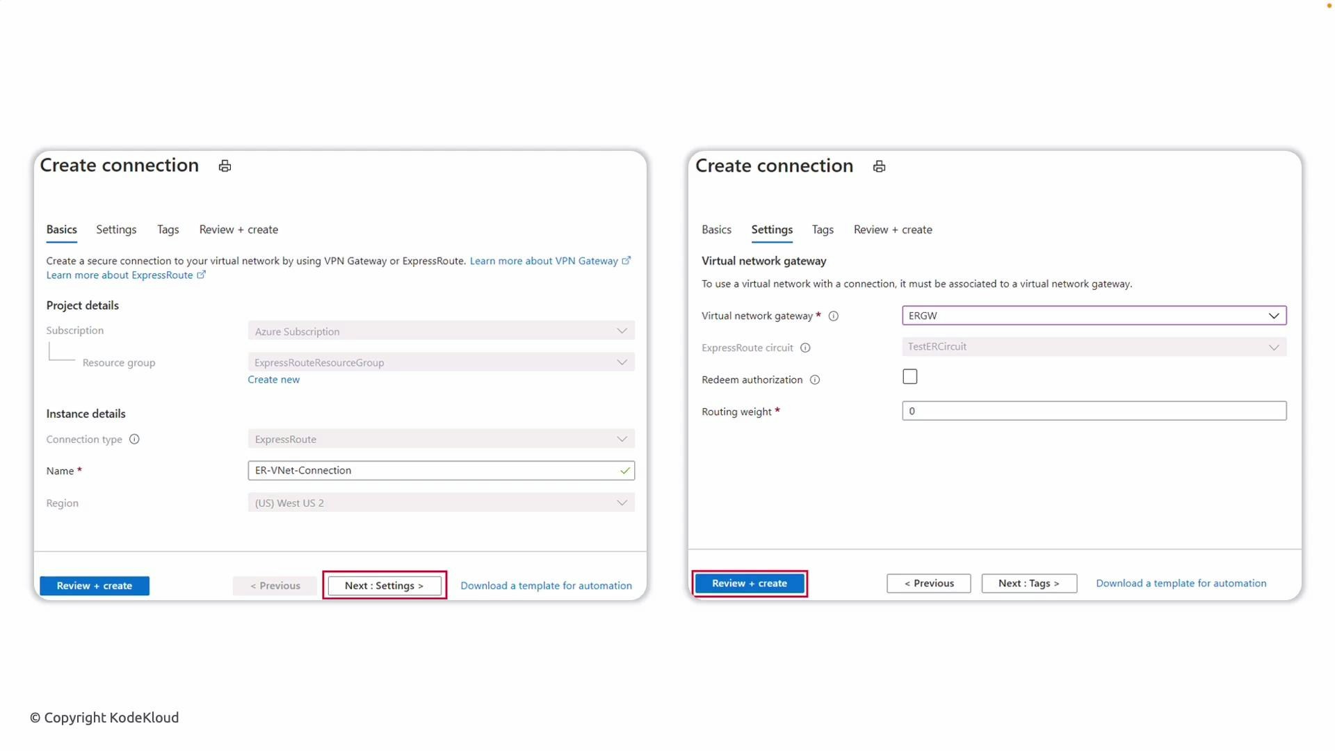 A screenshot of the Azure portal "Create connection" wizard for an ExpressRoute/VPN connection, showing the Basics tab with subscription, resource group and connection name fields. The right side shows the Settings tab with virtual network gateway and routing weight options.