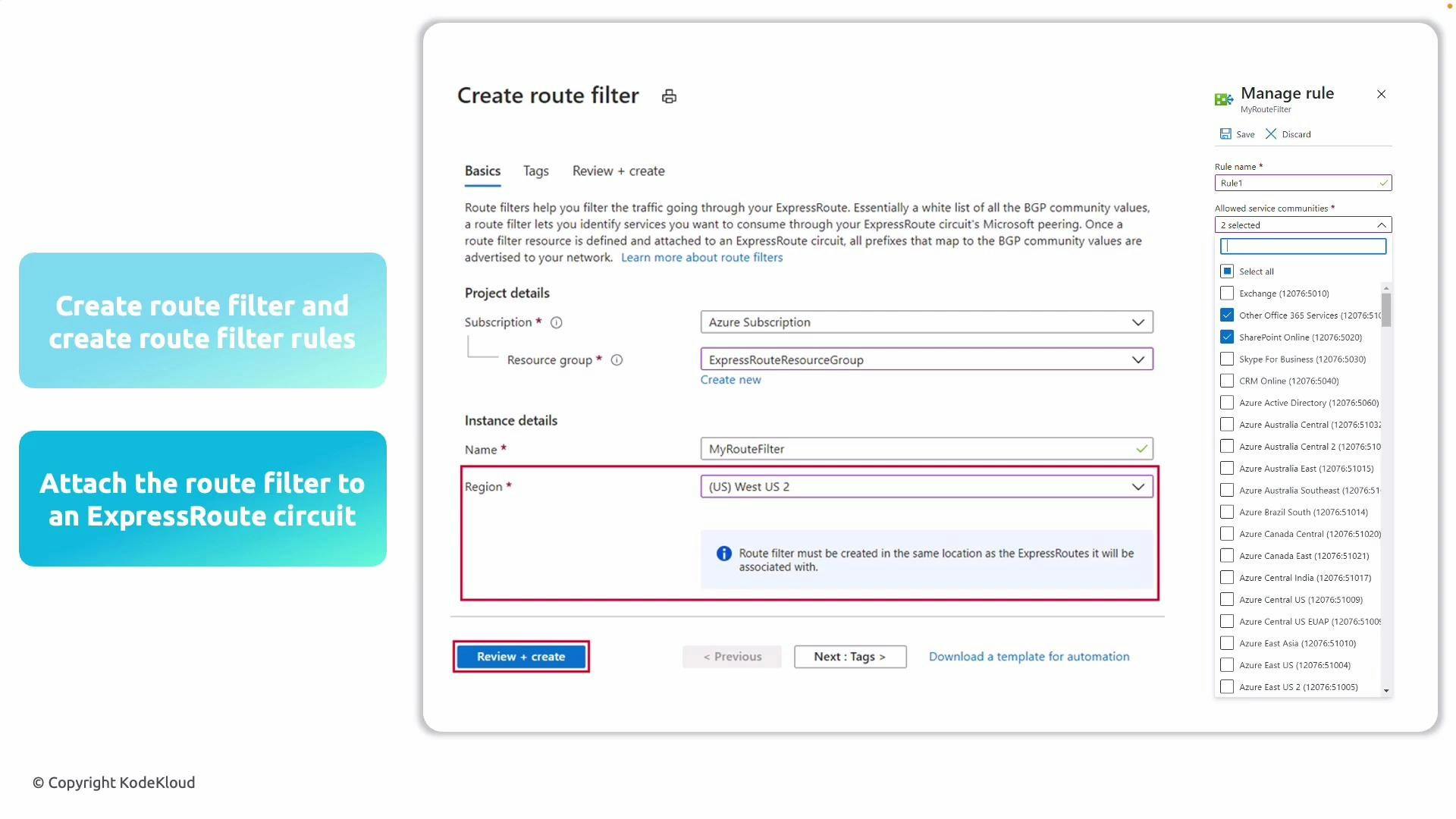 A screenshot of the Azure portal's "Create route filter" page for ExpressRoute, showing subscription, resource group, name and region fields with a "Review + create" button. A "Manage rule" sidebar is open on the right listing selectable allowed service communities.