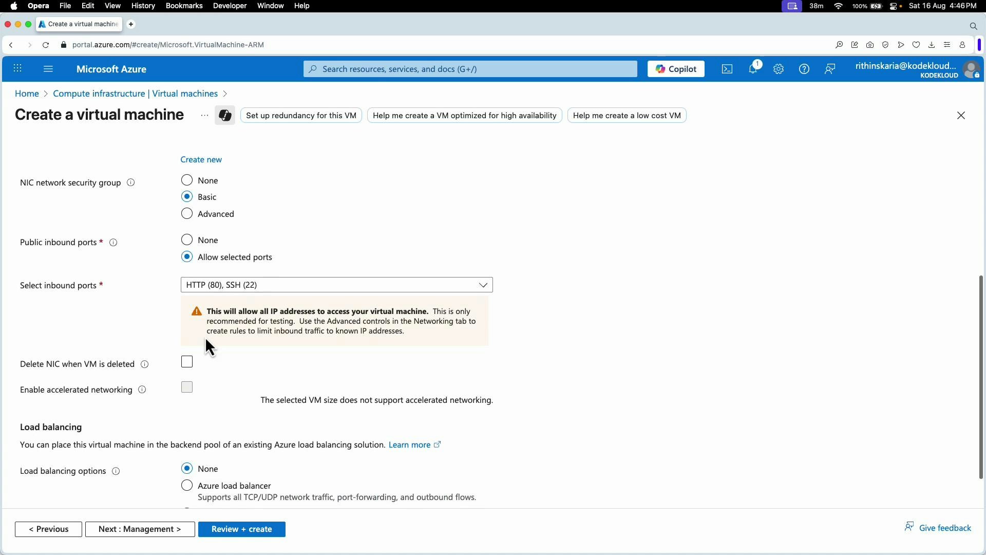 A screenshot of the Microsoft Azure "Create a virtual machine" page showing networking options, with NIC network security group set to Basic and public inbound ports set to allow HTTP (80) and SSH (22). A warning notes this will allow all IP addresses to access the VM, and action buttons (Previous, Next: Management, Review + create) are visible at the bottom.