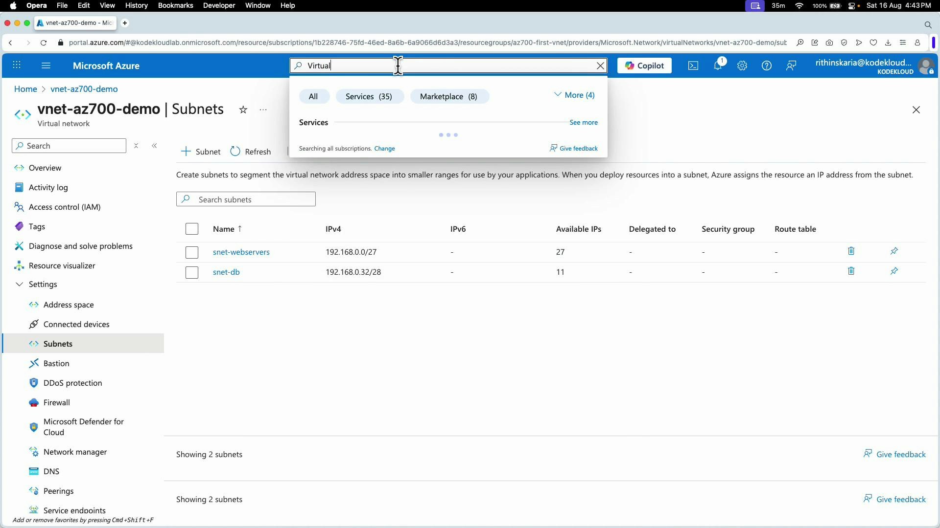 A screenshot of the Microsoft Azure portal showing the "vnet-az700-demo" virtual network's Subnets page. It lists two subnets—snet-webservers (192.168.0.0/27, 27 available IPs) and snet-db (192.168.0.32/28, 11 available IPs).