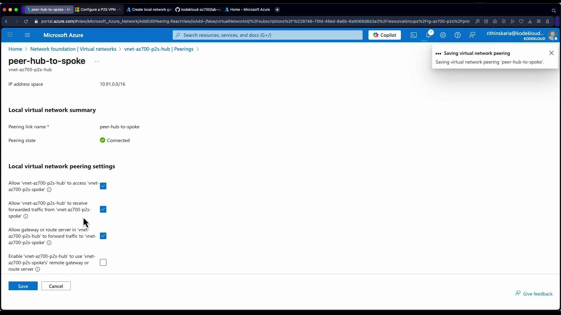A screenshot of the Microsoft Azure portal showing the "peer-hub-to-spoke" virtual network peering page. It displays the local virtual network summary and peering settings with several checkboxes (connected state) and Save/Cancel buttons.