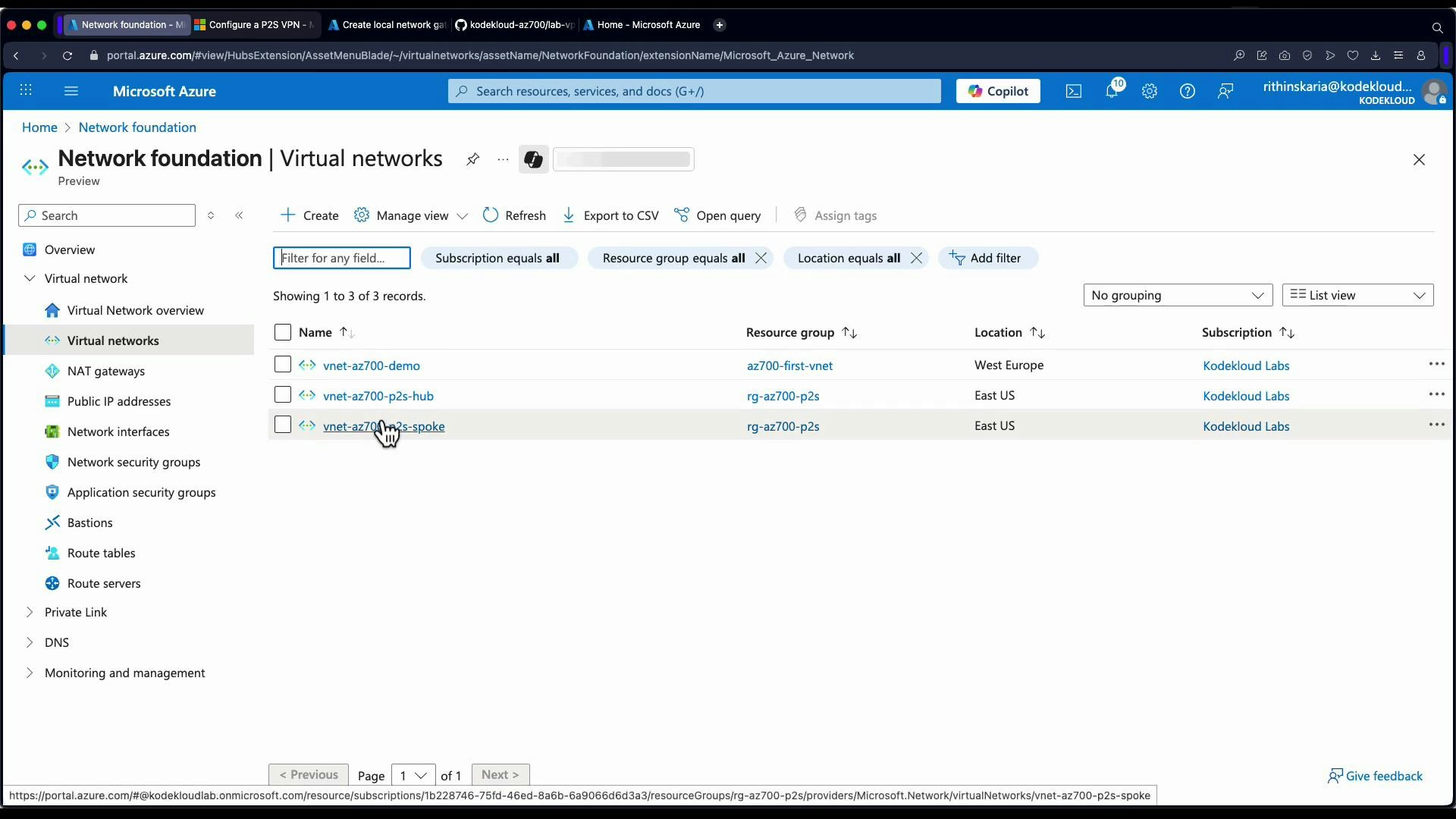 A screenshot of the Microsoft Azure portal showing the "Network foundation | Virtual networks" page. It lists three virtual networks (e.g., vnet-az700-demo, vnet-az700-p2s-hub, vnet-az700-p2s-spoke) with their resource groups and locations.