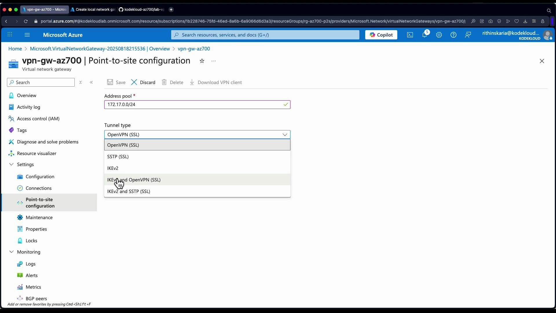 A screenshot of the Microsoft Azure portal showing the "vpn-gw-az700 | Point-to-site configuration" page with an address pool set to 172.17.0.0/24 and the Tunnel type dropdown open (options like OpenVPN, SSTP, IKEv2). The left sidebar shows Azure navigation items such as Overview, Settings, and Monitoring.