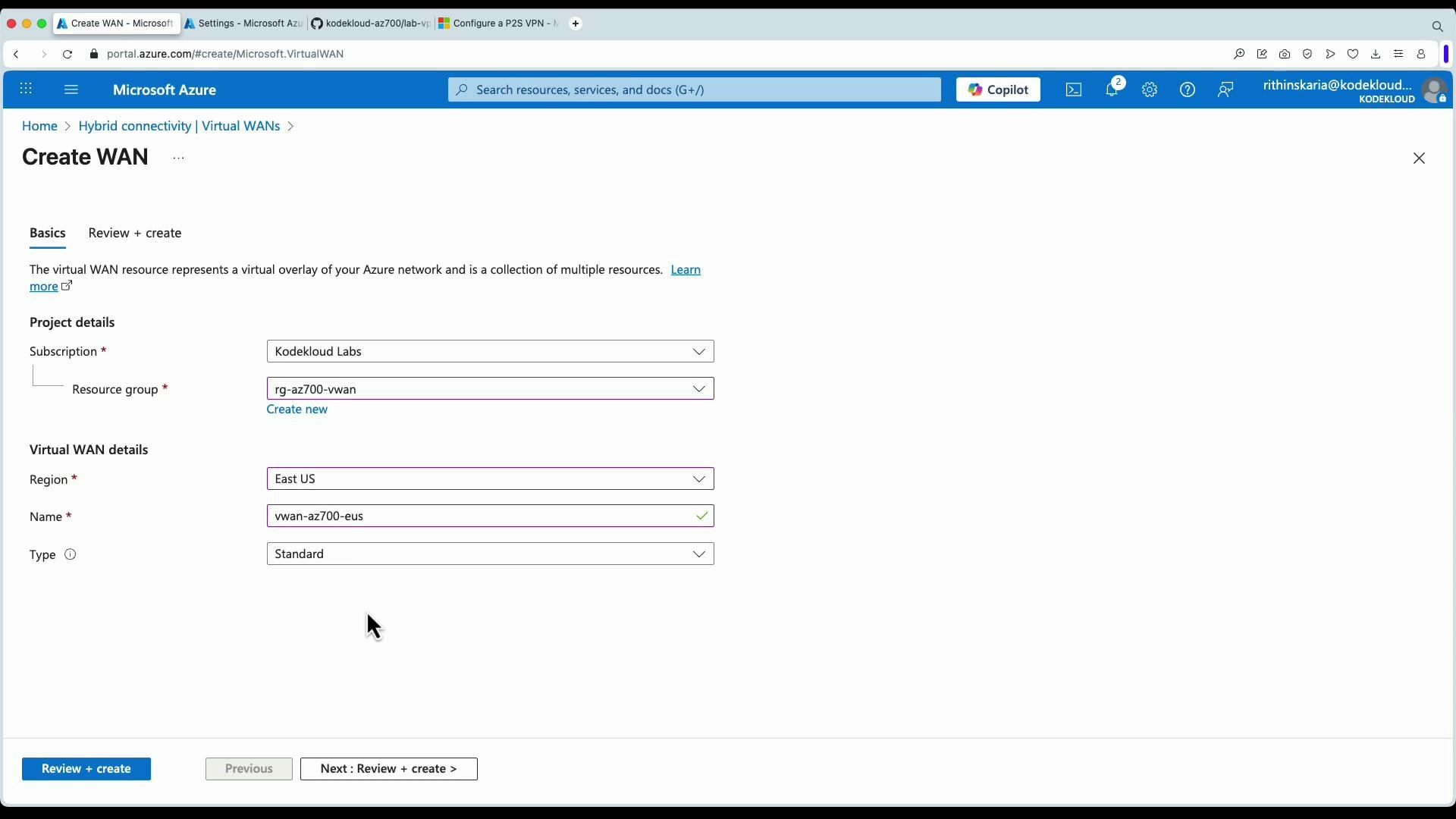 A screenshot of the Microsoft Azure portal on the "Create WAN" page, showing form fields for project details and Virtual WAN details (Subscription, Resource group, Region, Name, Type). Navigation buttons like "Review + create" and "Next: Review + create" appear at the bottom.