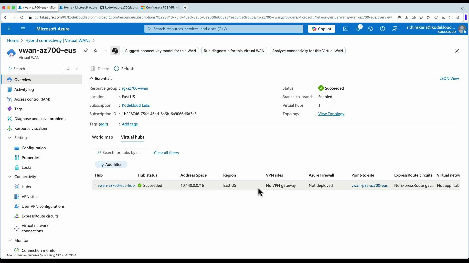 A screenshot of the Microsoft Azure portal showing the "vwan-az700-eus" Virtual WAN overview, including essentials (resource group, location East US, subscription) and a virtual hub listed with status "Succeeded." The page also shows connectivity options like VPN sites, Azure Firewall and a point-to-site link.
