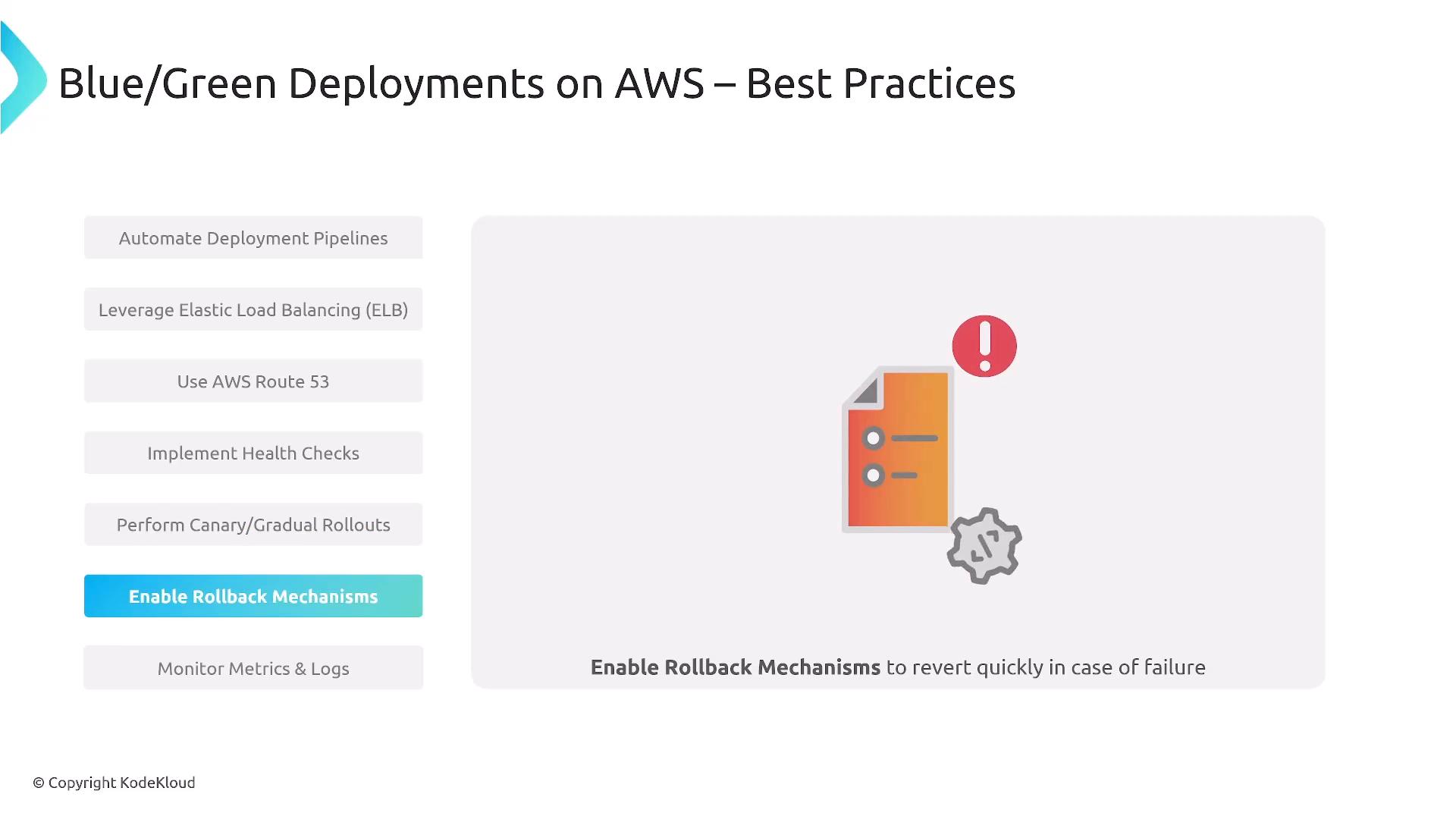 A presentation slide titled "Blue/Green Deployments on AWS – Best Practices" showing a left-hand list of recommendations (e.g., automate pipelines, use ELB/Route 53, health checks, canary rollouts) with "Enable Rollback Mechanisms" highlighted. The right side has an illustration of a document with an exclamation icon and a gear.