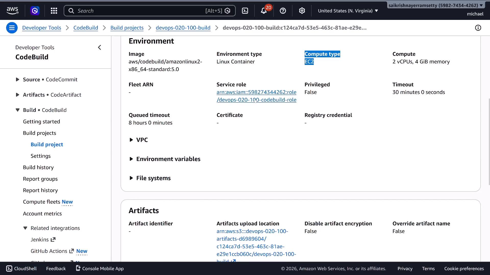 A screenshot of the AWS CodeBuild console displaying a build project's Environment and Artifacts settings, showing the build image, compute type (EC2), compute resources (2 vCPUs, 4 GiB), service role ARN, and timeouts. The left sidebar shows the Developer Tools navigation for CodeBuild.