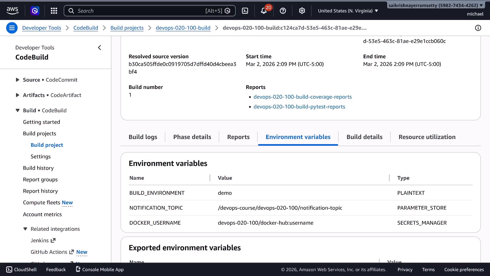Screenshot of the AWS CodeBuild console showing a build project’s details and the Environment variables tab. The page lists variables like BUILD_ENVIRONMENT, NOTIFICATION_TOPIC, and DOCKER_USERNAME with the left-hand navigation menu visible.