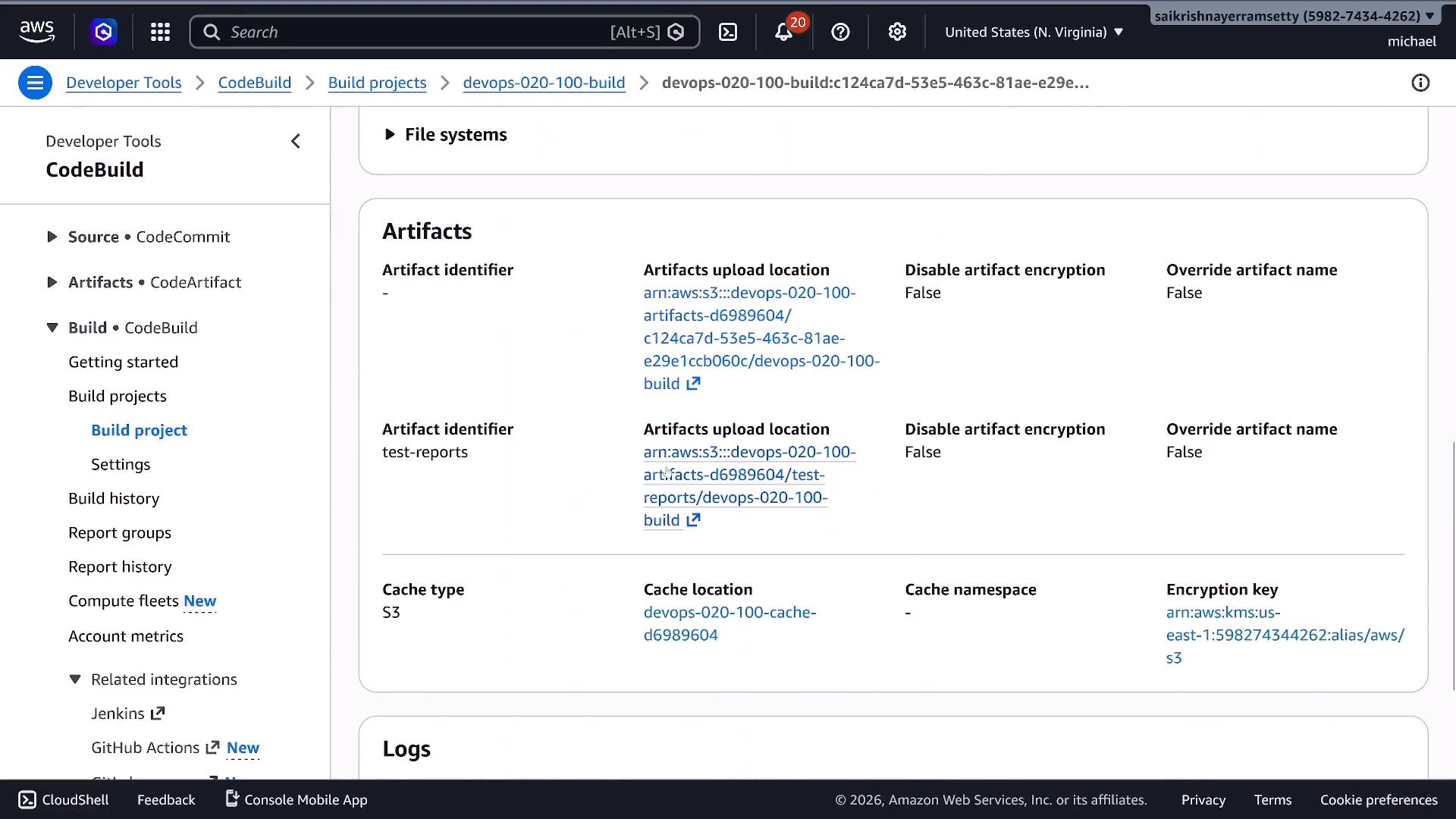 A screenshot of the AWS CodeBuild console showing a build project's Artifacts and Cache configuration, including S3 artifact upload locations, artifact identifiers (like "test-reports"), and encryption settings. The left sidebar displays CodeBuild navigation items such as Build project, Build history, and Report groups.
