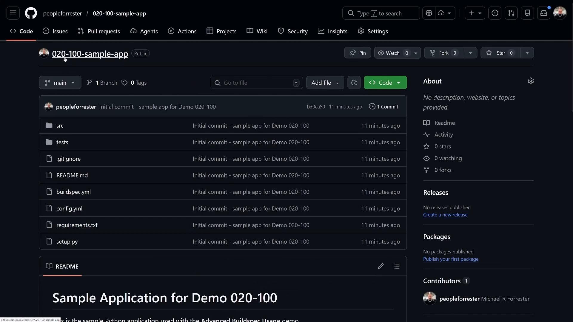 A GitHub repository page in dark mode for a project named "020-100-sample-app," showing a file list (src, tests, .gitignore, README.md, etc.). The README header "Sample Application for Demo 020-100" and the repository sidebar (About, Releases, Contributors) are also visible.