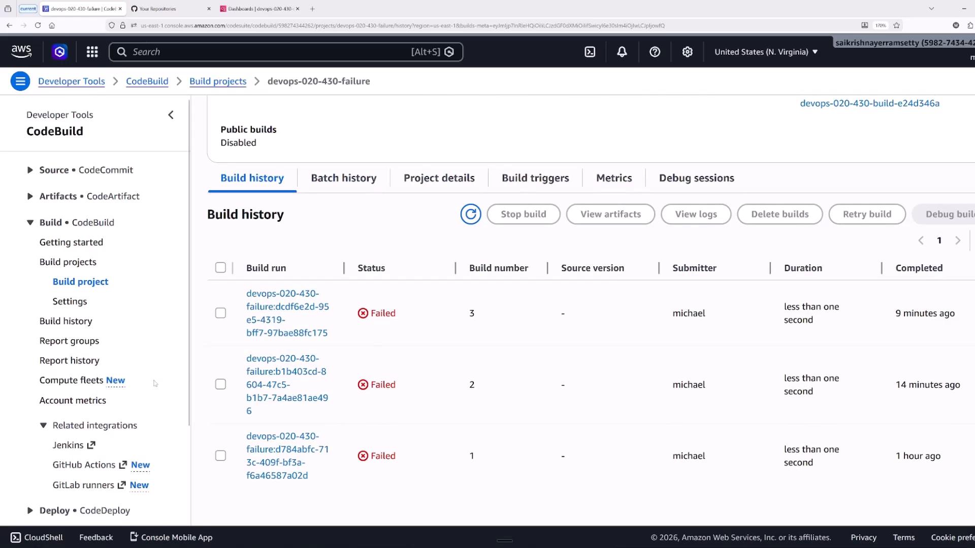 A screenshot of the AWS CodeBuild console for the project "devops-020-430-failure" showing the build history with multiple failed builds listed and the left-hand developer tools navigation menu.