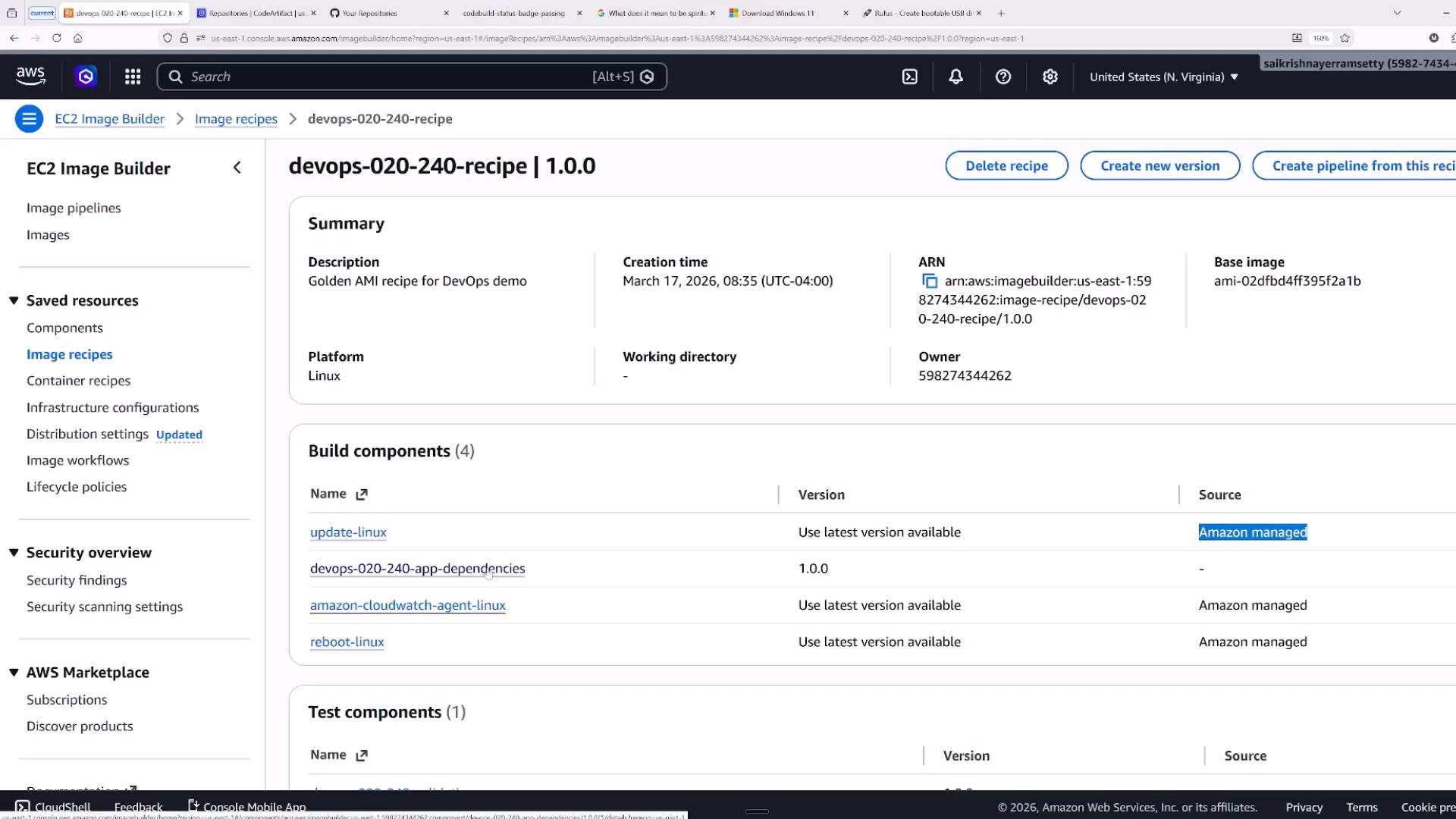 A screenshot of the AWS EC2 Image Builder console displaying an image recipe titled "devops-020-240-recipe | 1.0.0" with summary details (creation time, ARN, base image) and a list of build components. The left sidebar shows navigation items such as Image recipes, Components, and Security overview.
