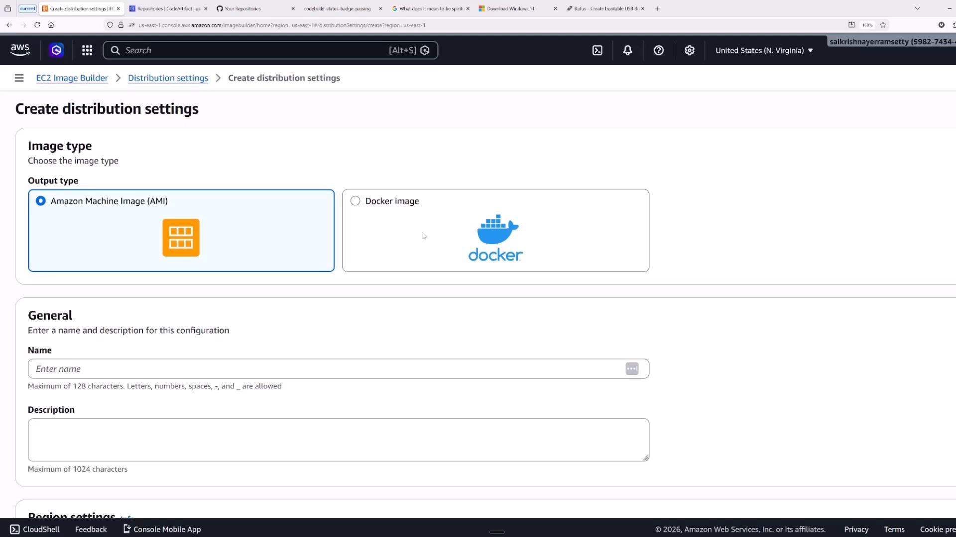 A screenshot of the AWS EC2 Image Builder "Create distribution settings" page showing output type options (Amazon Machine Image selected or Docker image) and form fields for Name and Description. The top navigation and AWS console header are also visible.