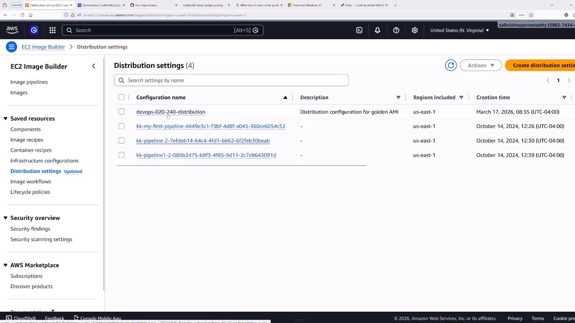 Screenshot of the AWS EC2 Image Builder console on the "Distribution settings" page, listing distribution configuration names, regions (us-east-1) and creation times. The left sidebar shows navigation items like Image pipelines, Saved resources and Security overview.