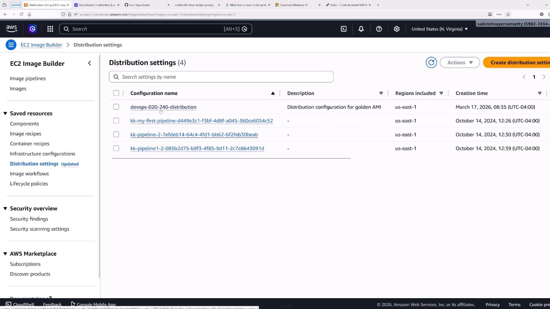 Screenshot of the AWS EC2 Image Builder console on the "Distribution settings" page, listing distribution configuration names, regions (us-east-1) and creation times. The left sidebar shows navigation items like Image pipelines, Saved resources and Security overview.