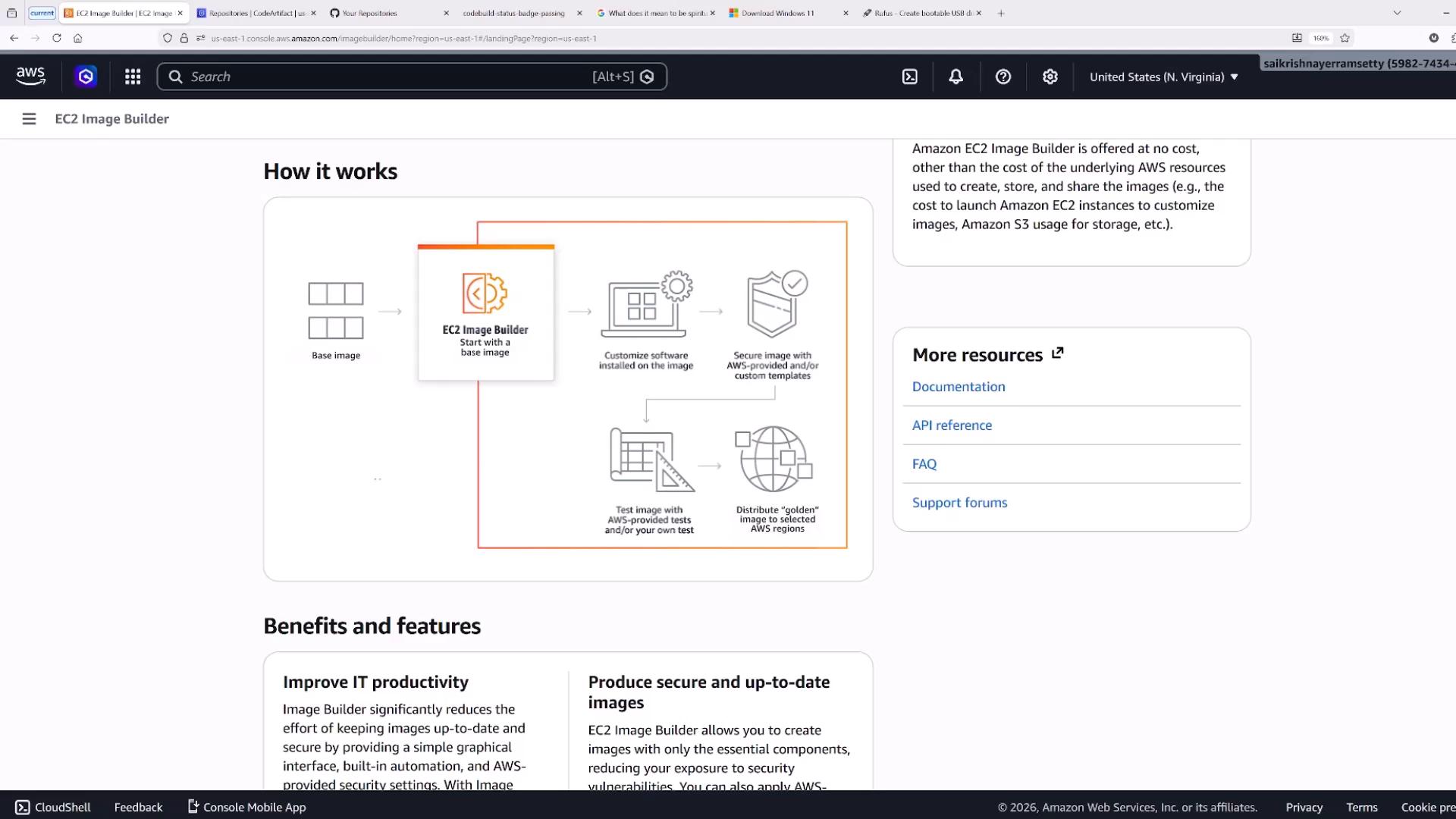 A screenshot of the AWS EC2 Image Builder web page showing a "How it works" flowchart that outlines starting with a base image, customizing software, testing, and distributing images. The right side shows "More resources" links and the page header and browser tabs are visible.