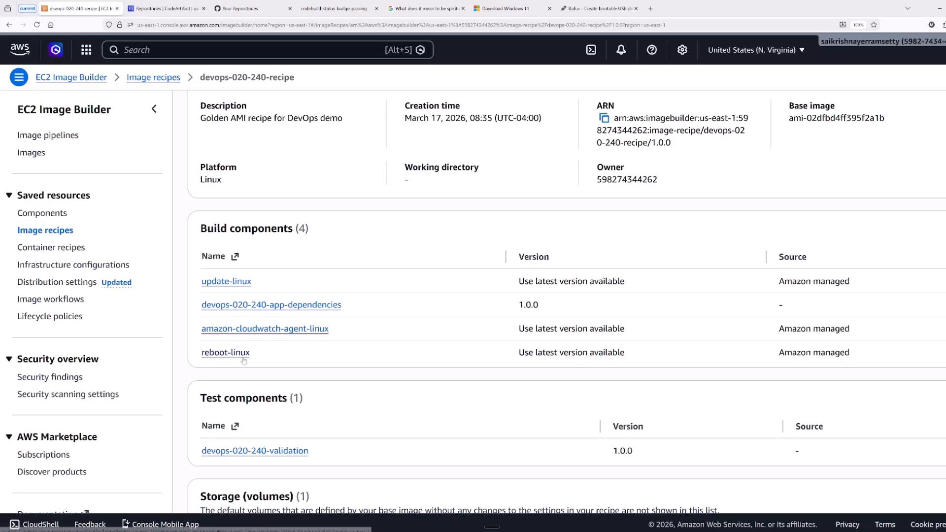A screenshot of the AWS EC2 Image Builder console showing an image recipe named "devops-020-240-recipe" with metadata (creation time, platform, ARN, base image). The page also lists build components such as update-linux, devops-020-240-app-dependencies, amazon-cloudwatch-agent-linux, and reboot-linux.
