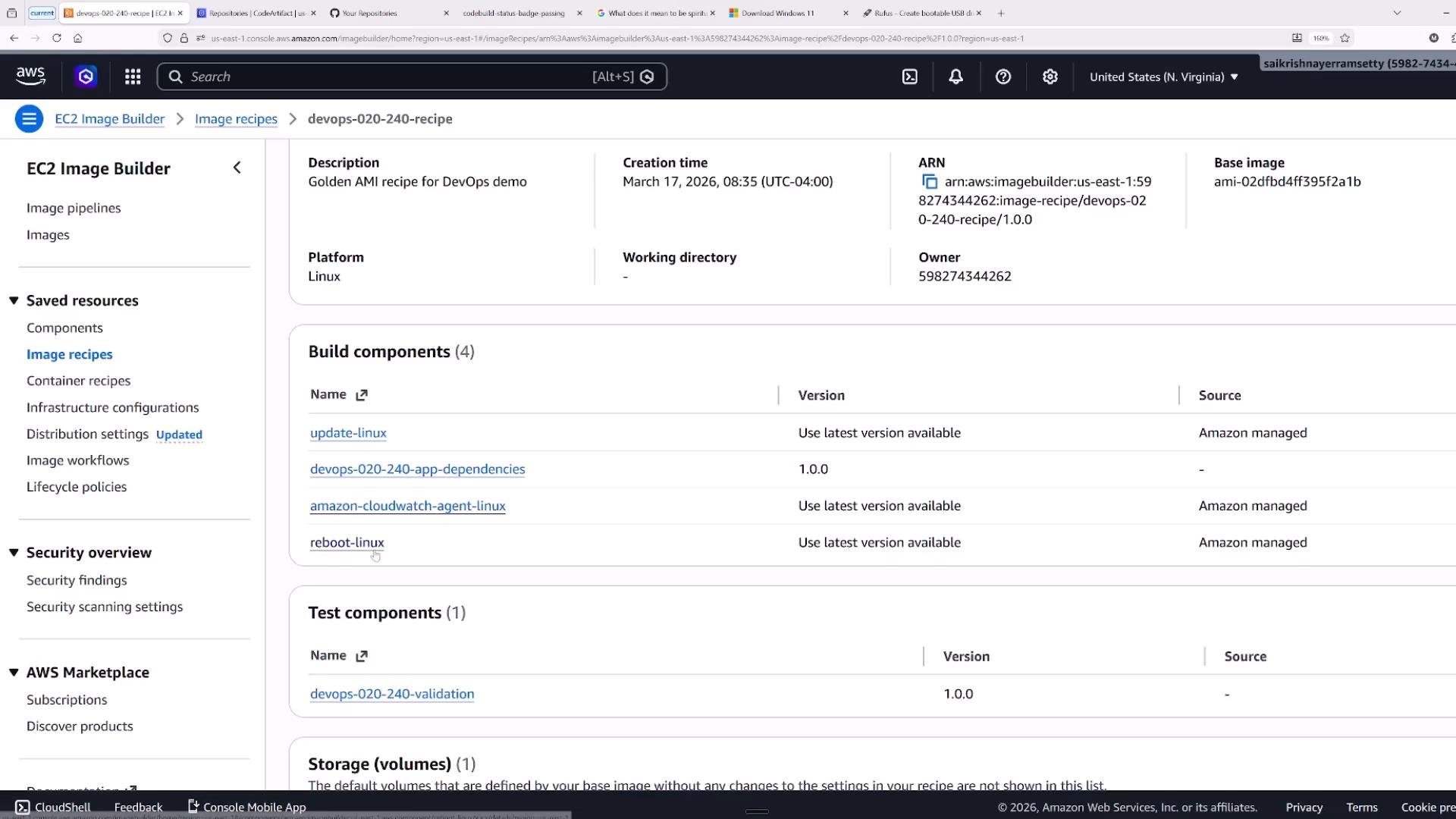 A screenshot of the AWS EC2 Image Builder console showing an image recipe named "devops-020-240-recipe" with metadata (creation time, platform, ARN, base image). The page also lists build components such as update-linux, devops-020-240-app-dependencies, amazon-cloudwatch-agent-linux, and reboot-linux.