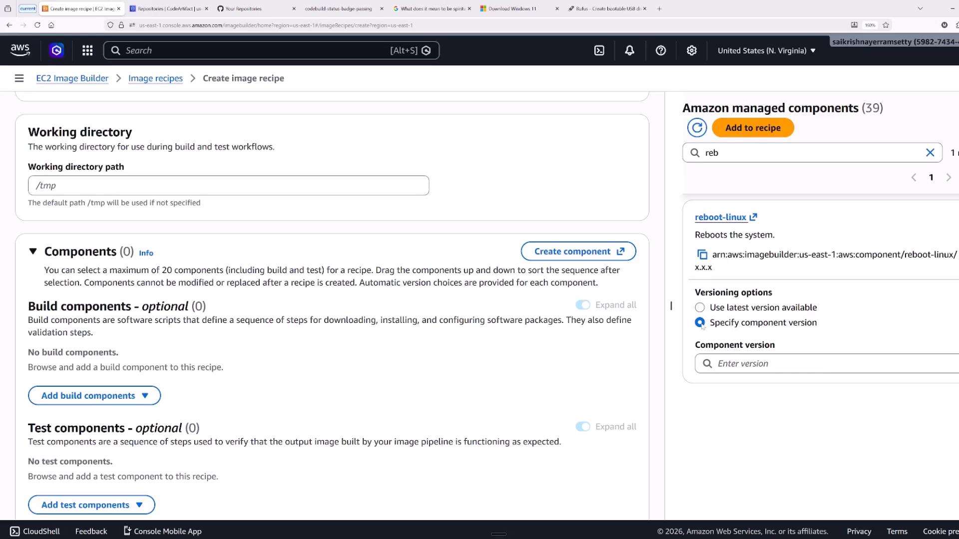 Screenshot of the AWS EC2 Image Builder "Create image recipe" console showing the Working directory set to /tmp and empty Components, Build components, and Test components sections. On the right is the Amazon managed components panel with a search for "reboot-linux" and options to add a component.