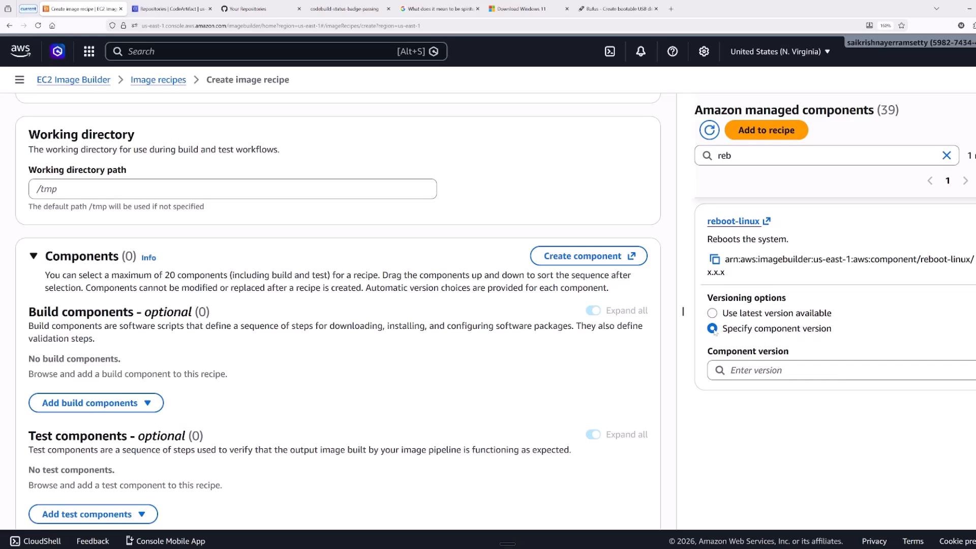 Screenshot of the AWS EC2 Image Builder "Create image recipe" console showing the Working directory set to /tmp and empty Components, Build components, and Test components sections. On the right is the Amazon managed components panel with a search for "reboot-linux" and options to add a component.