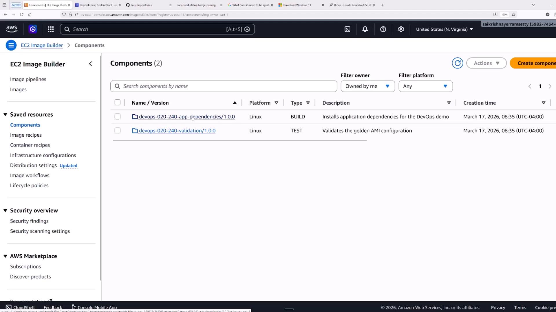 Screenshot of the AWS EC2 Image Builder console showing the Components page with two Linux components listed (devops-020-240-app-dependencies/1.0.0 as BUILD and devops-020-240-validation/1.0.0 as TEST). The left sidebar shows navigation items like Saved resources and Security overview.