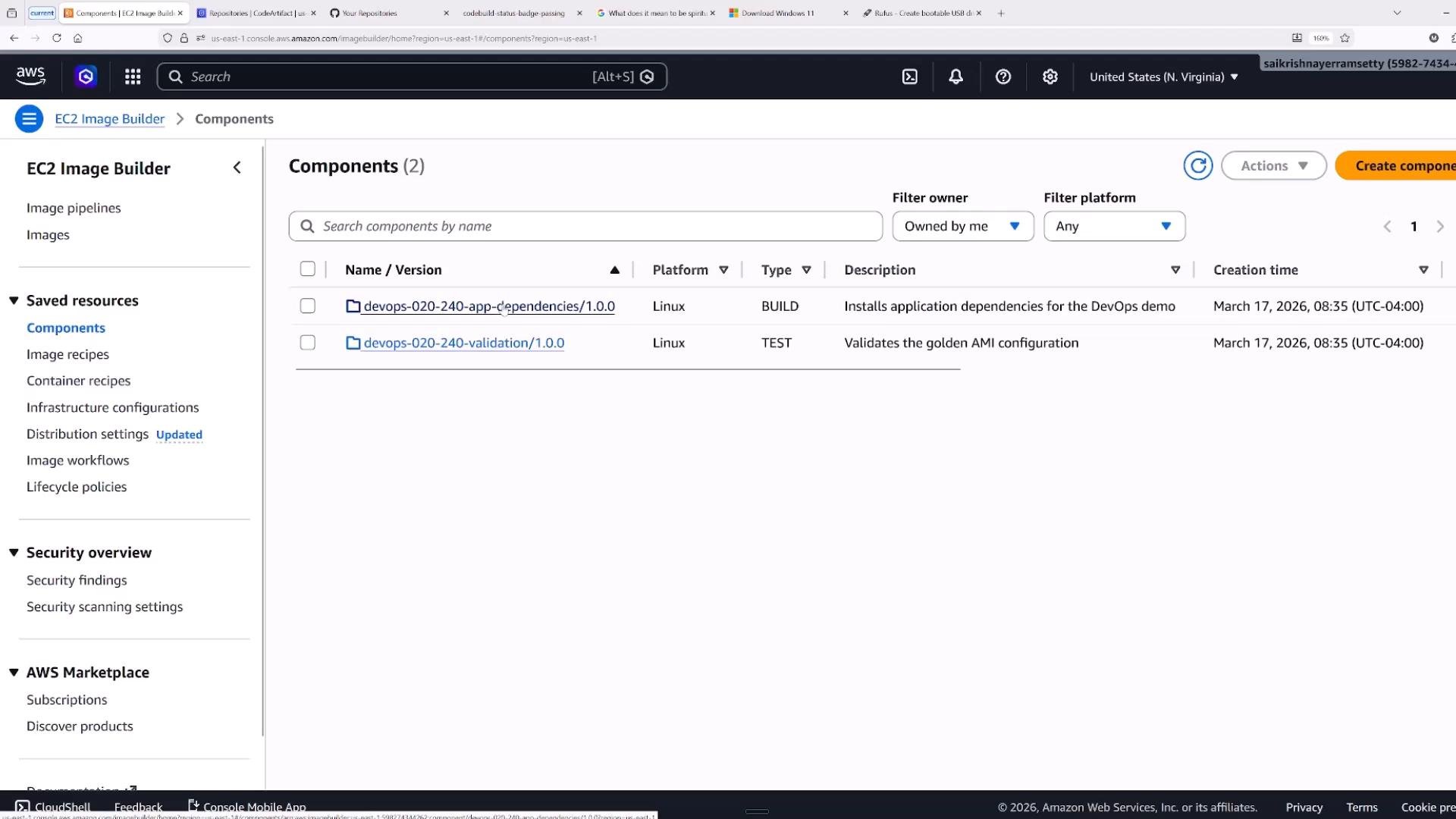Screenshot of the AWS EC2 Image Builder console showing the Components page with two Linux components listed (devops-020-240-app-dependencies/1.0.0 as BUILD and devops-020-240-validation/1.0.0 as TEST). The left sidebar shows navigation items like Saved resources and Security overview.
