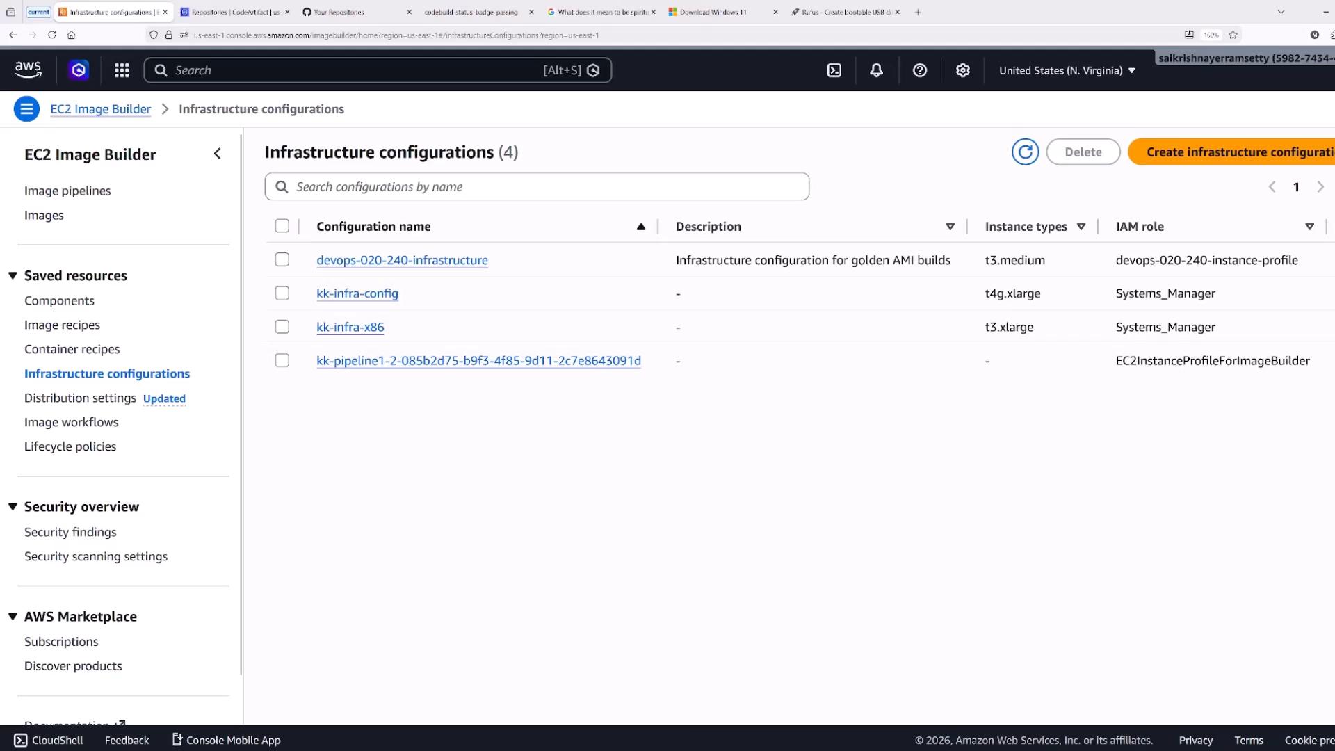 A screenshot of the AWS EC2 Image Builder console showing the "Infrastructure configurations" page with a list of four configurations (e.g., devops-020-240-infrastructure, kk-infra-config) and columns for description, instance types, and IAM role. The left sidebar shows Image Builder navigation items and saved resources, and there's a "Create infrastructure configuration" button at the top right.