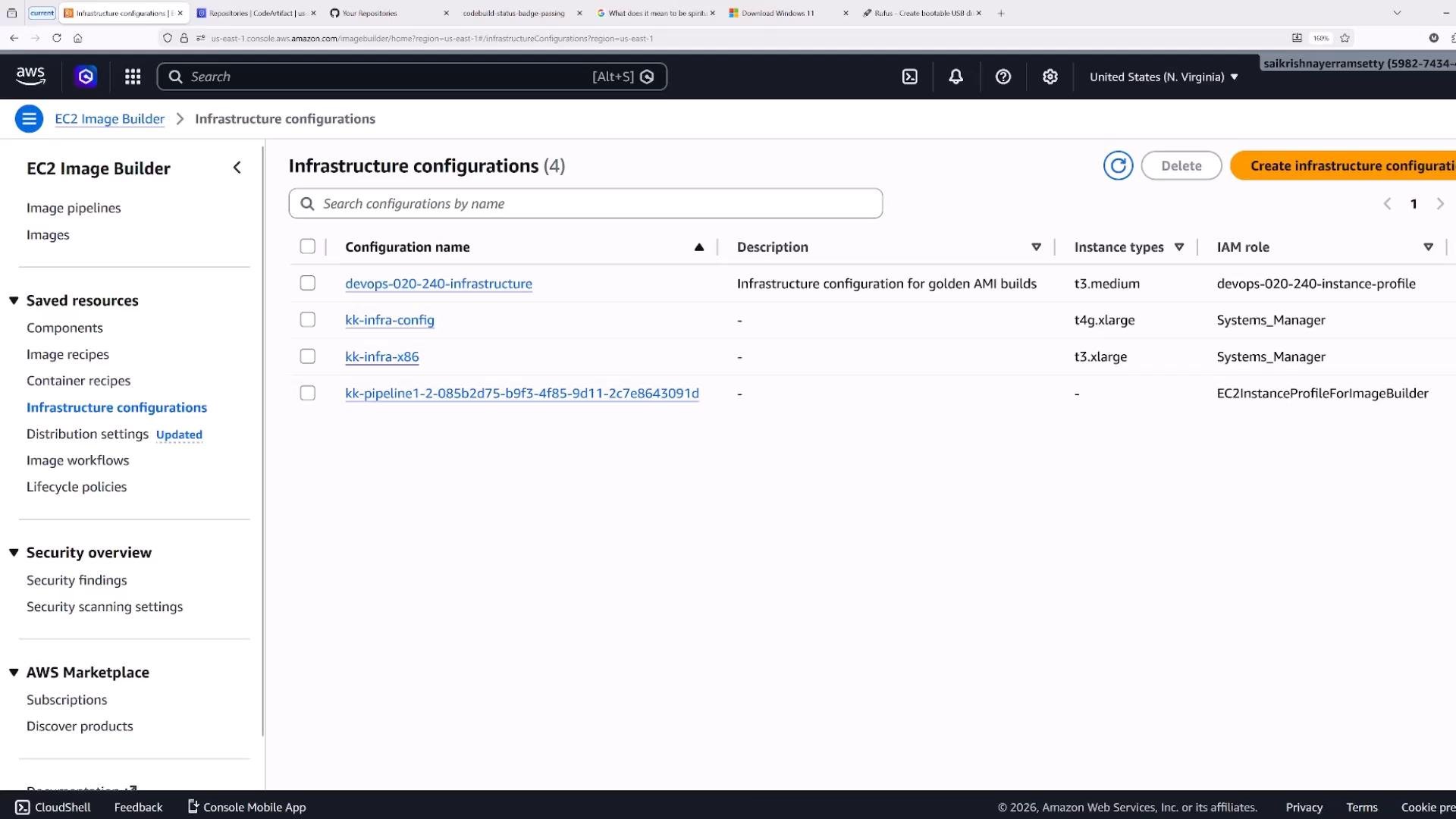 A screenshot of the AWS EC2 Image Builder console showing the "Infrastructure configurations" page with a list of four configurations (e.g., devops-020-240-infrastructure, kk-infra-config) and columns for description, instance types, and IAM role. The left sidebar shows Image Builder navigation items and saved resources, and there's a "Create infrastructure configuration" button at the top right.
