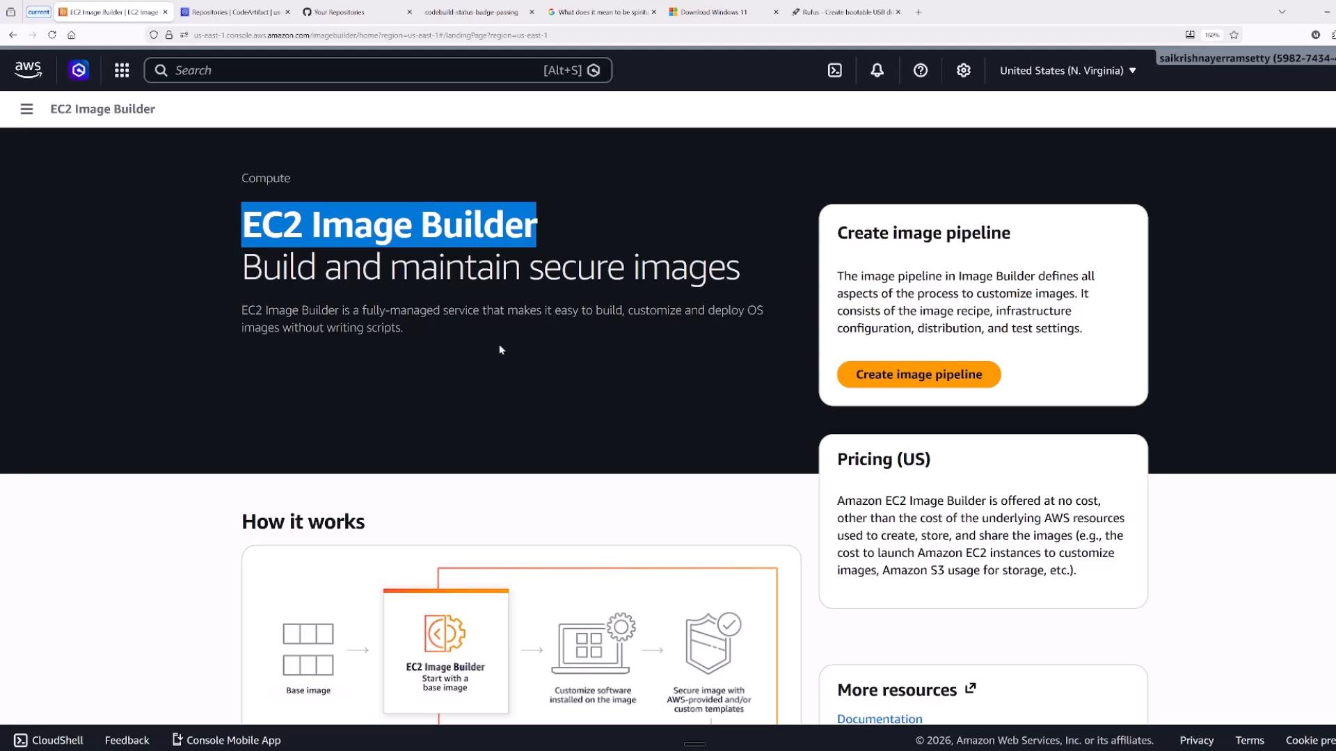 A screenshot of the AWS EC2 Image Builder web page showing the heading "EC2 Image Builder — Build and maintain secure images." On the right is a panel with a "Create image pipeline" button and pricing/information boxes.