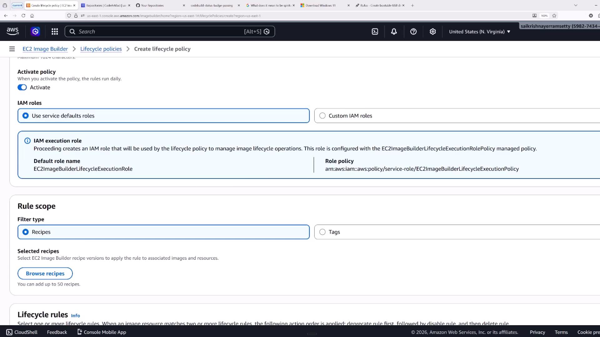 Screenshot of the AWS EC2 Image Builder "Create lifecycle policy" console. It shows the Activate policy toggle, IAM roles set to "Use service defaults" with an IAM execution role, and the Rule scope set to "Recipes" with a "Browse recipes" button.