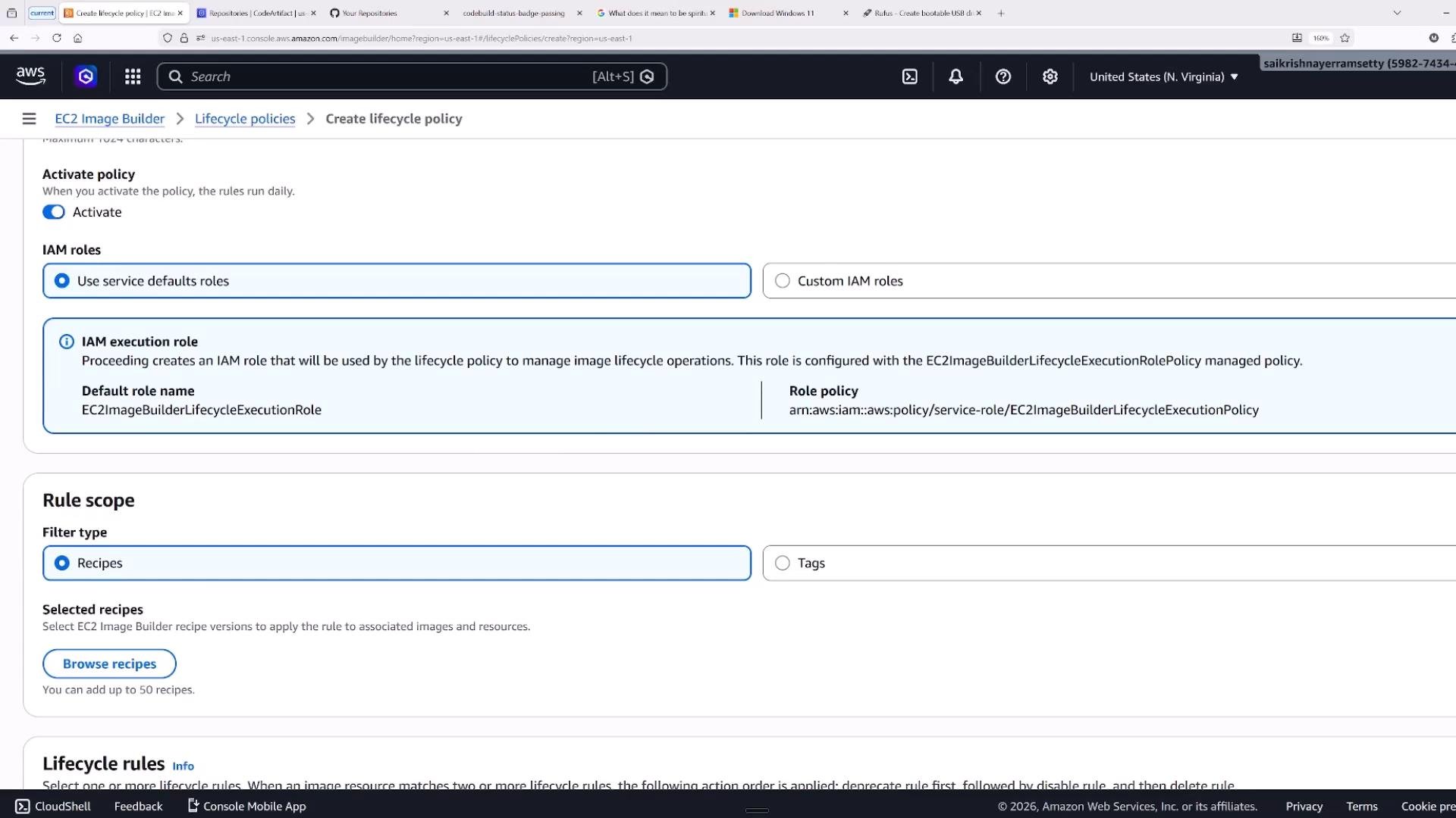 Screenshot of the AWS EC2 Image Builder "Create lifecycle policy" console. It shows the Activate policy toggle, IAM roles set to "Use service defaults" with an IAM execution role, and the Rule scope set to "Recipes" with a "Browse recipes" button.