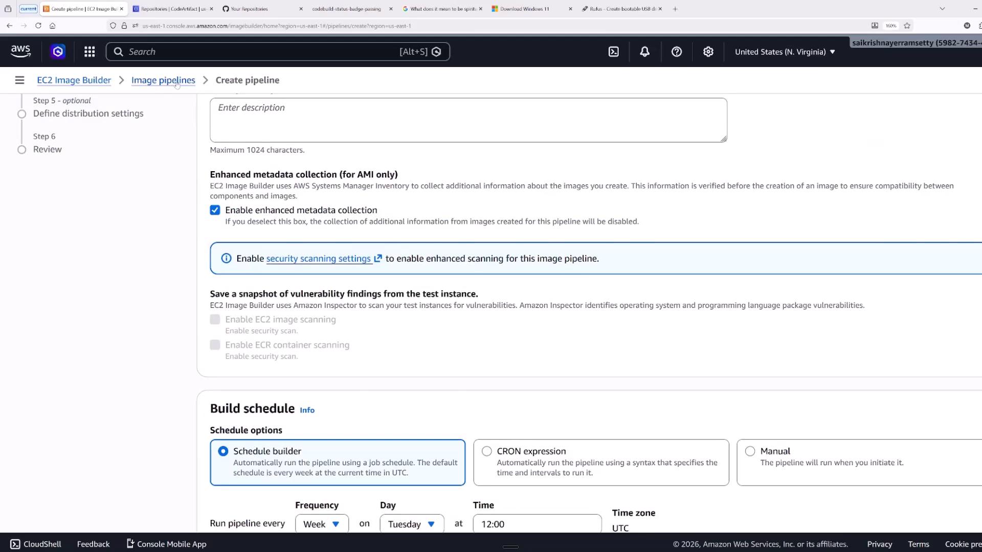 A screenshot of the AWS EC2 Image Builder "Create pipeline" console showing options like enabling enhanced metadata collection, security scanning, and build schedule settings (Schedule builder/CRON/Manual). The page includes fields for description, vulnerability snapshot options, and frequency/time schedule controls.