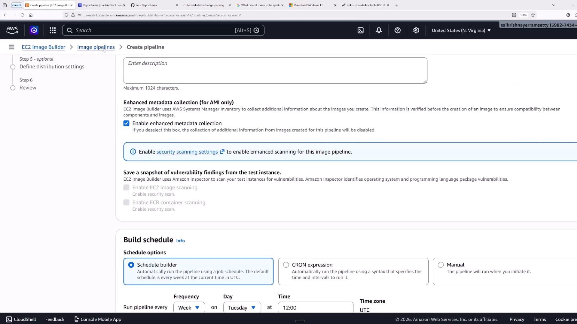 A screenshot of the AWS EC2 Image Builder "Create pipeline" console showing options like enabling enhanced metadata collection, security scanning, and build schedule settings (Schedule builder/CRON/Manual). The page includes fields for description, vulnerability snapshot options, and frequency/time schedule controls.