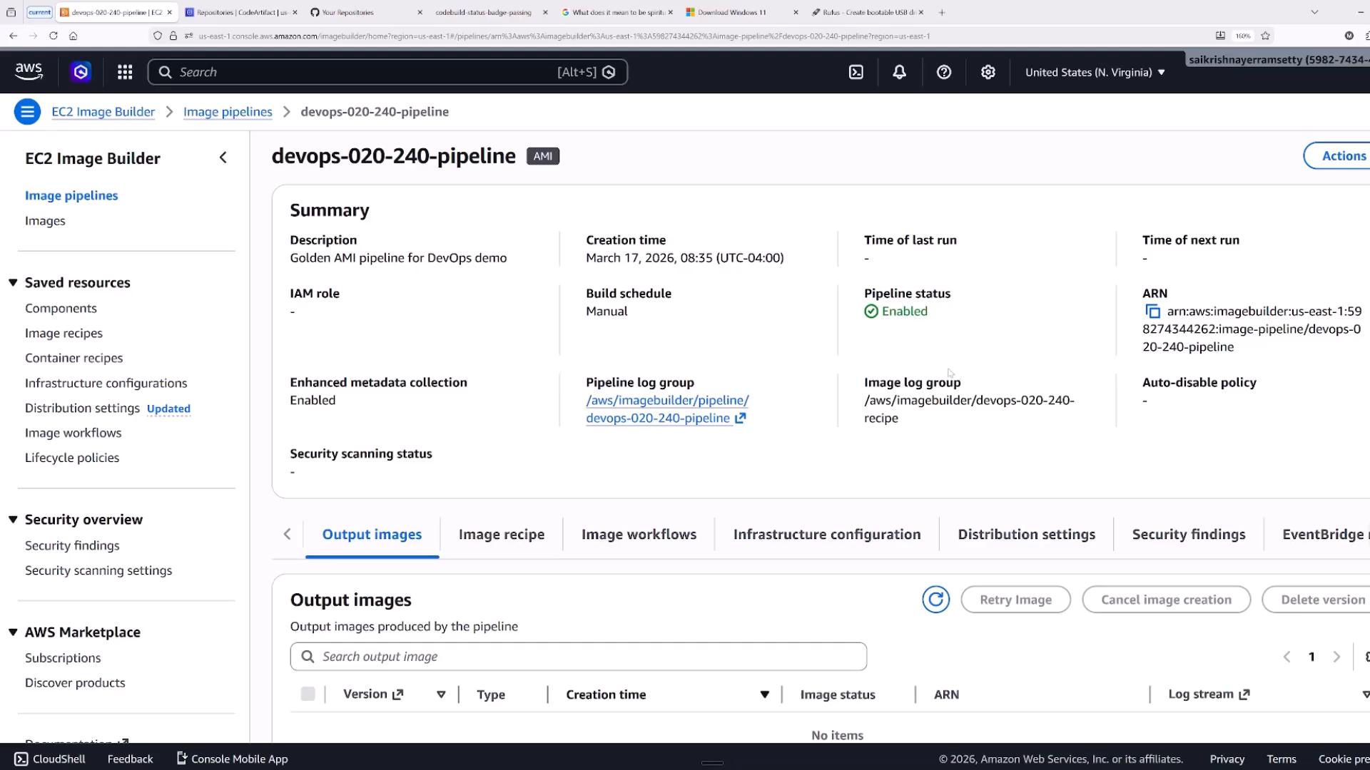 A screenshot of the AWS EC2 Image Builder console showing the "devops-020-240-pipeline" summary, including creation time, ARN, and that the pipeline status is Enabled. The lower pane shows the Output images section (no items listed).